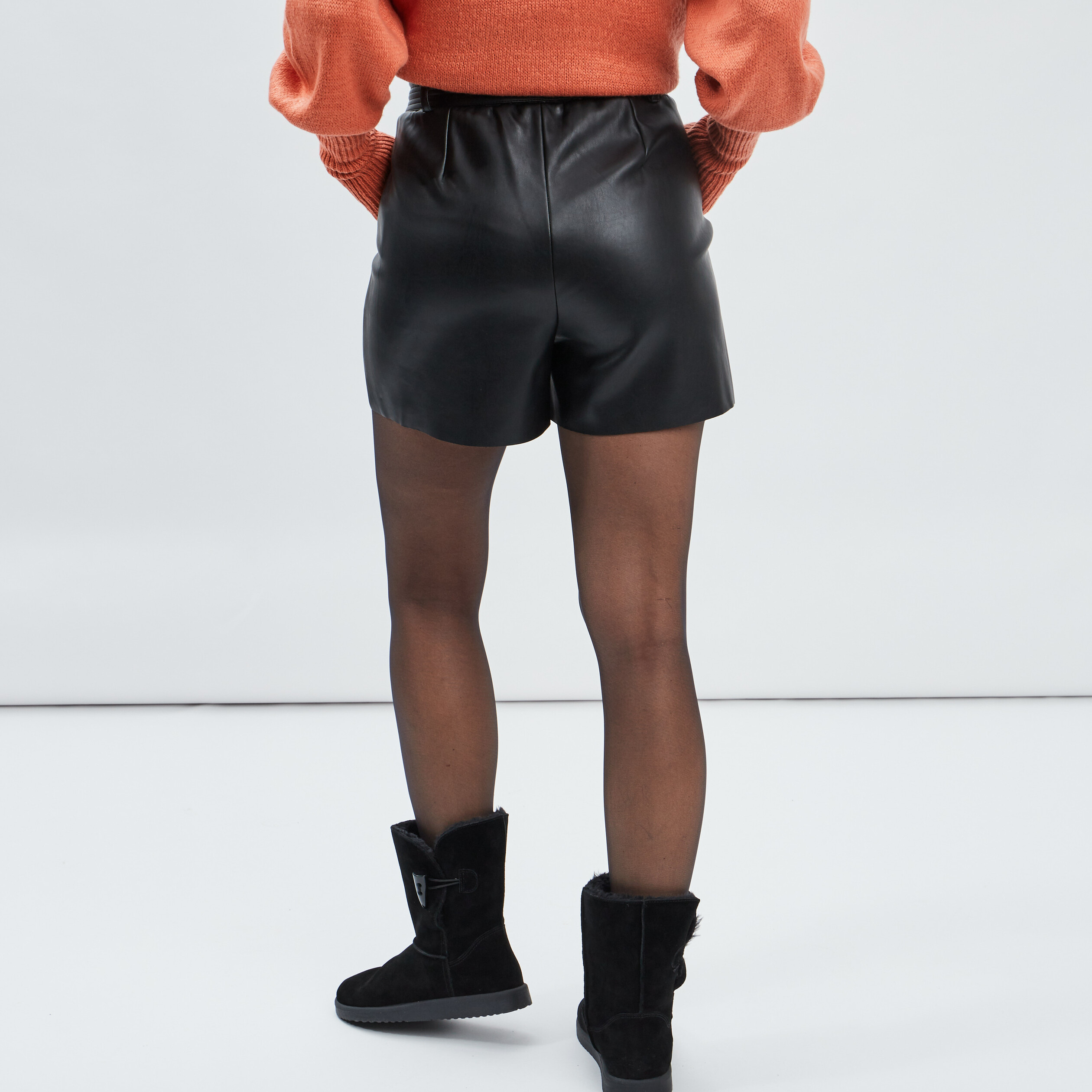 Short simili cuir paperbag noir femme