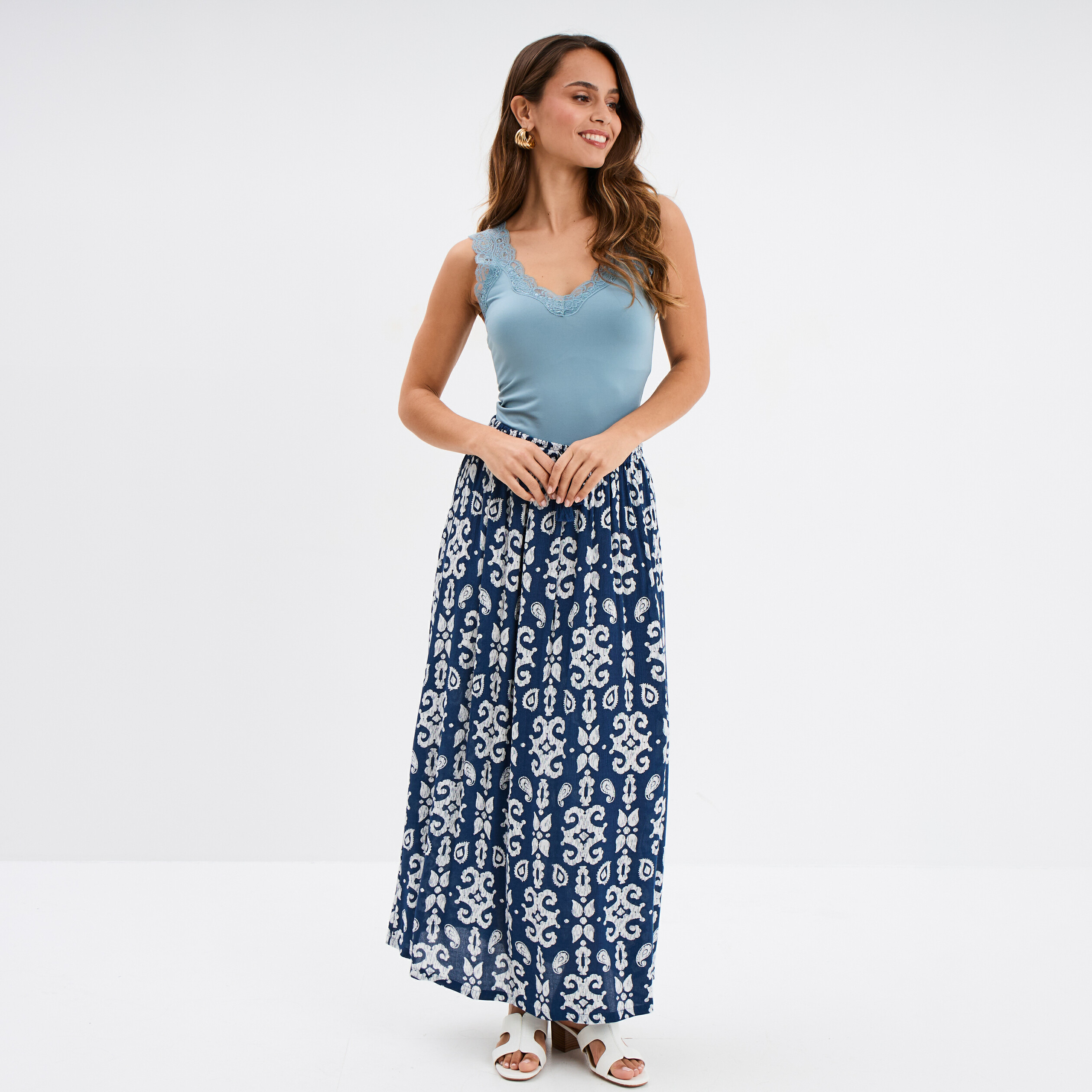 jupe longue fluide crepon bleu marine femme Jupe longue fluide crépon bleu marine femme