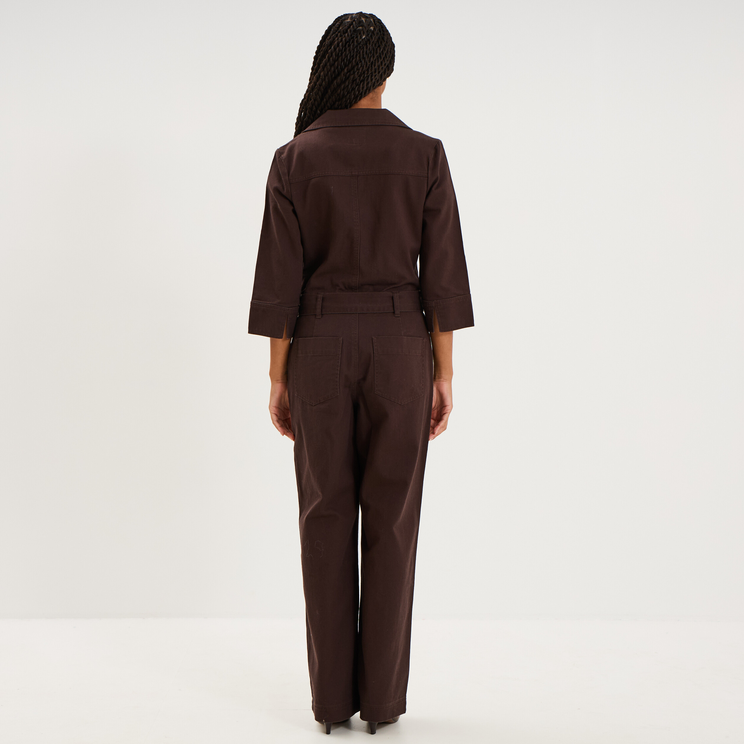 Combinaison pantalon zipp&eacute;e jambe large marron fonc&eacute; femme