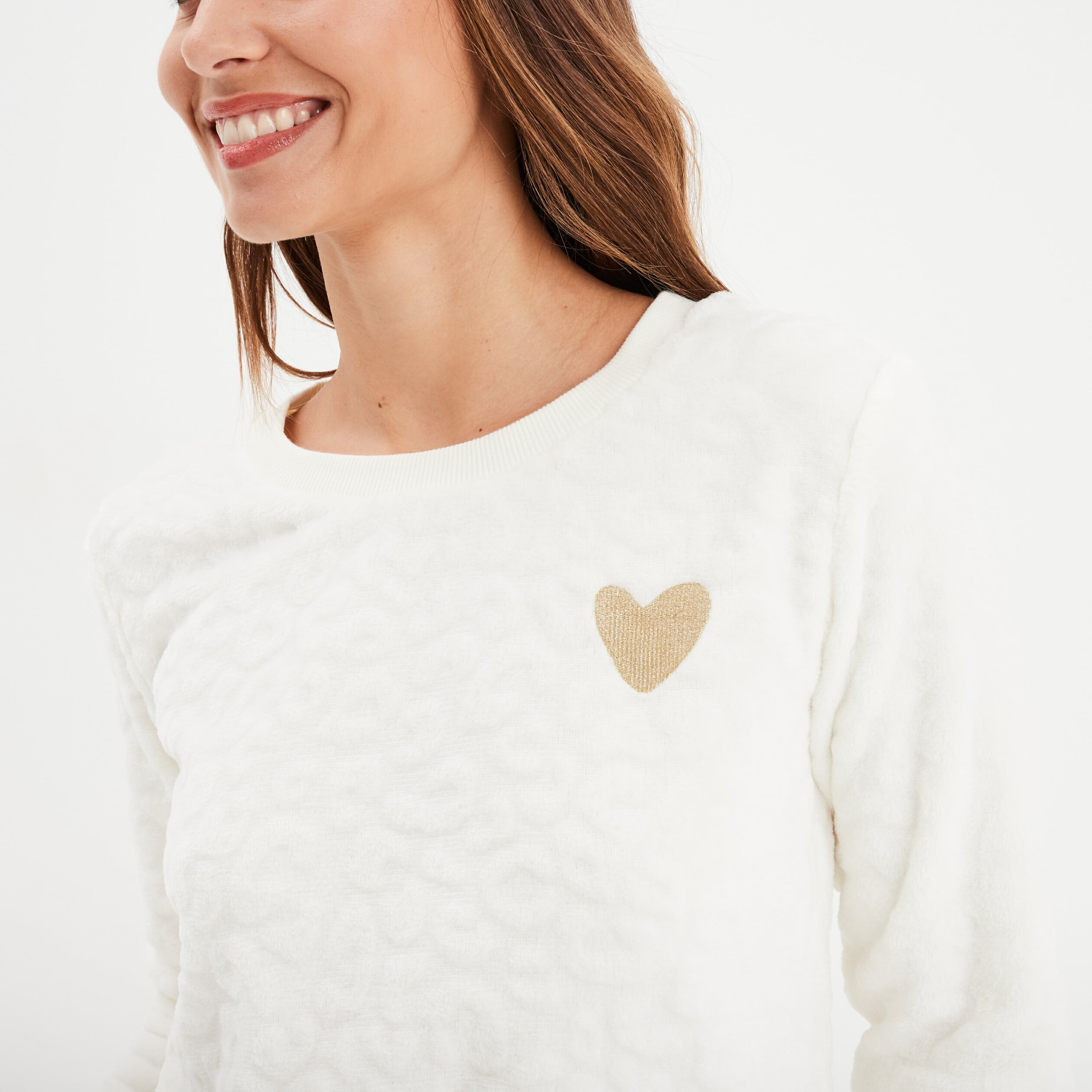 Ensemble pyjama effet polaire col rond blanc femme