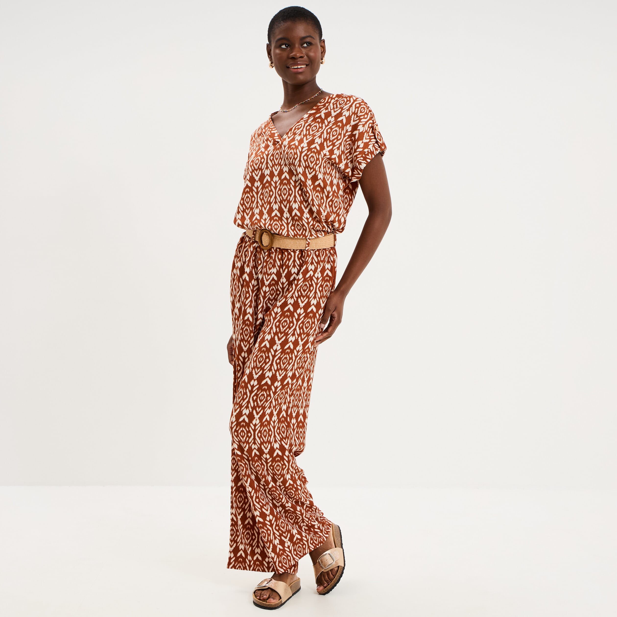 Pantalon fluide large avec ceinture orange fonc&eacute; femme