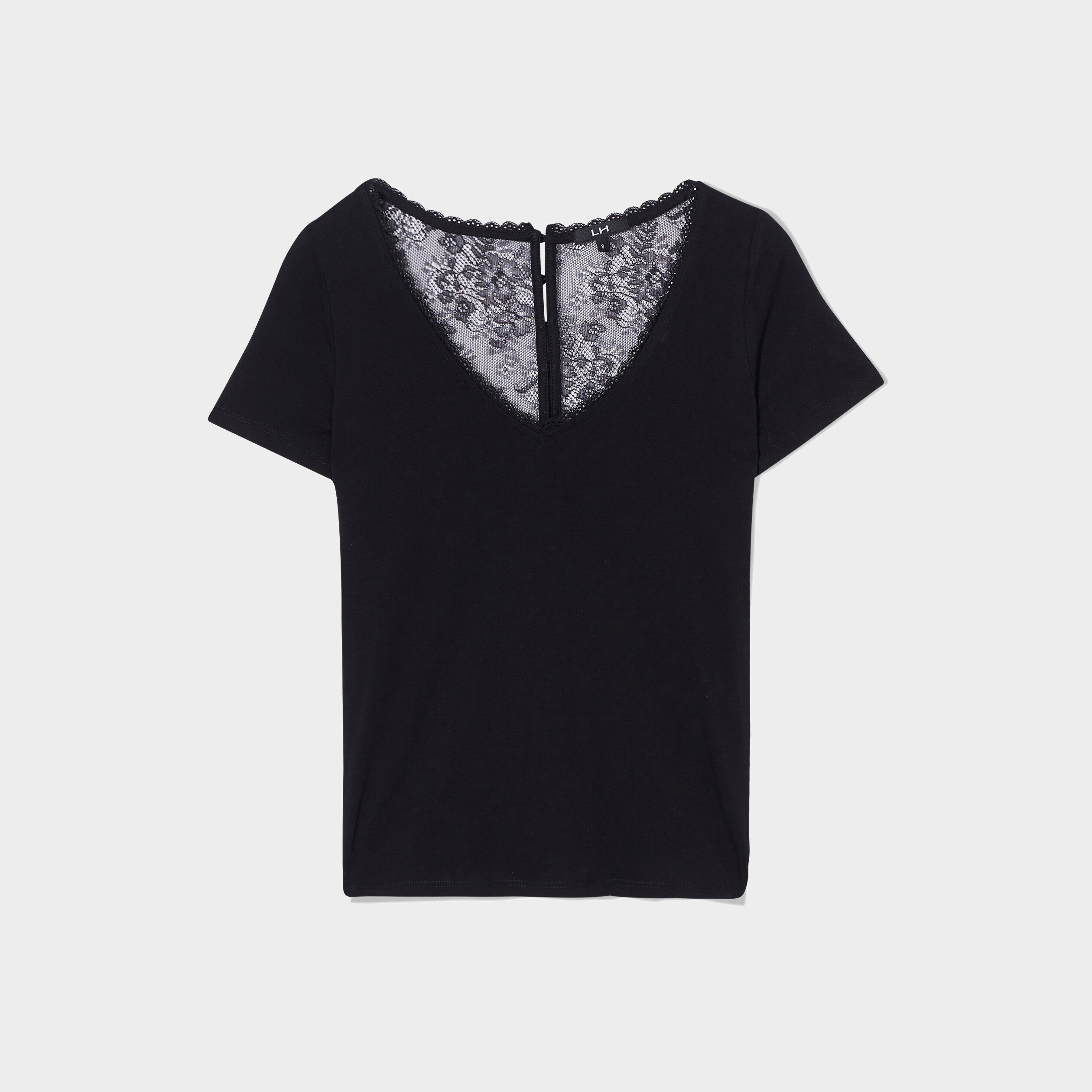 T-shirt dos dentelle boutonné col en V noir femme