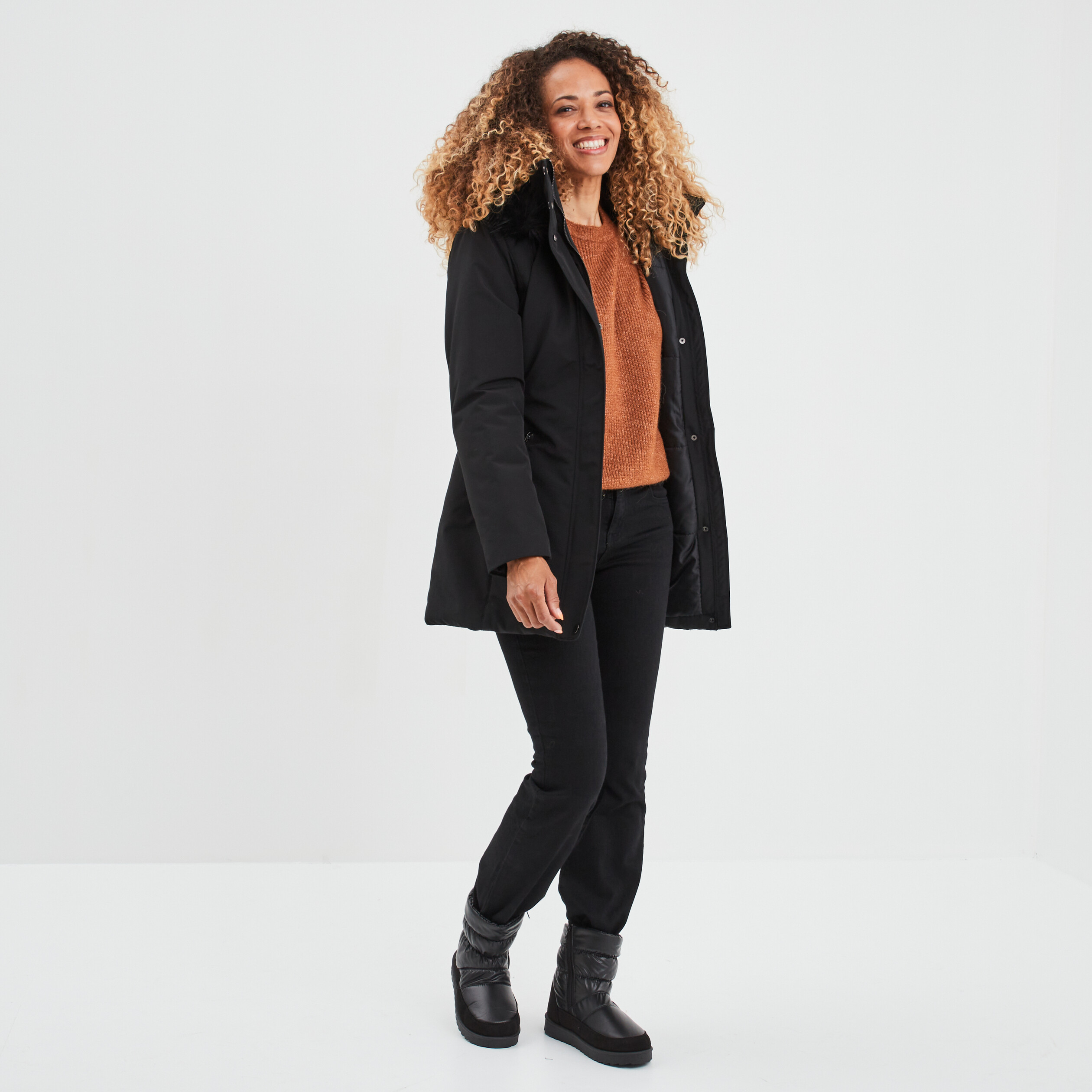 Pull col rond manches ballons camel femme