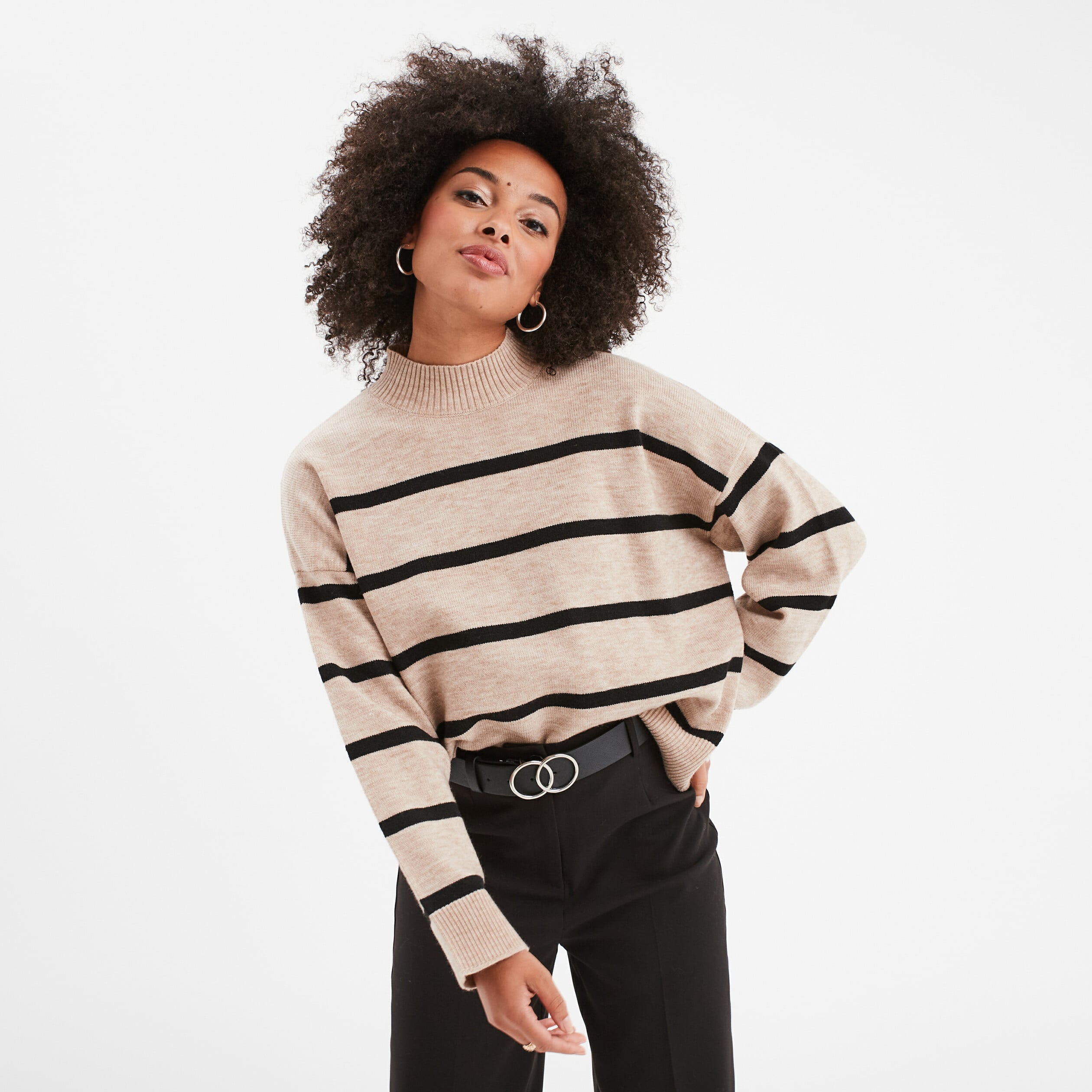 Pull col montant manches longues beige femme