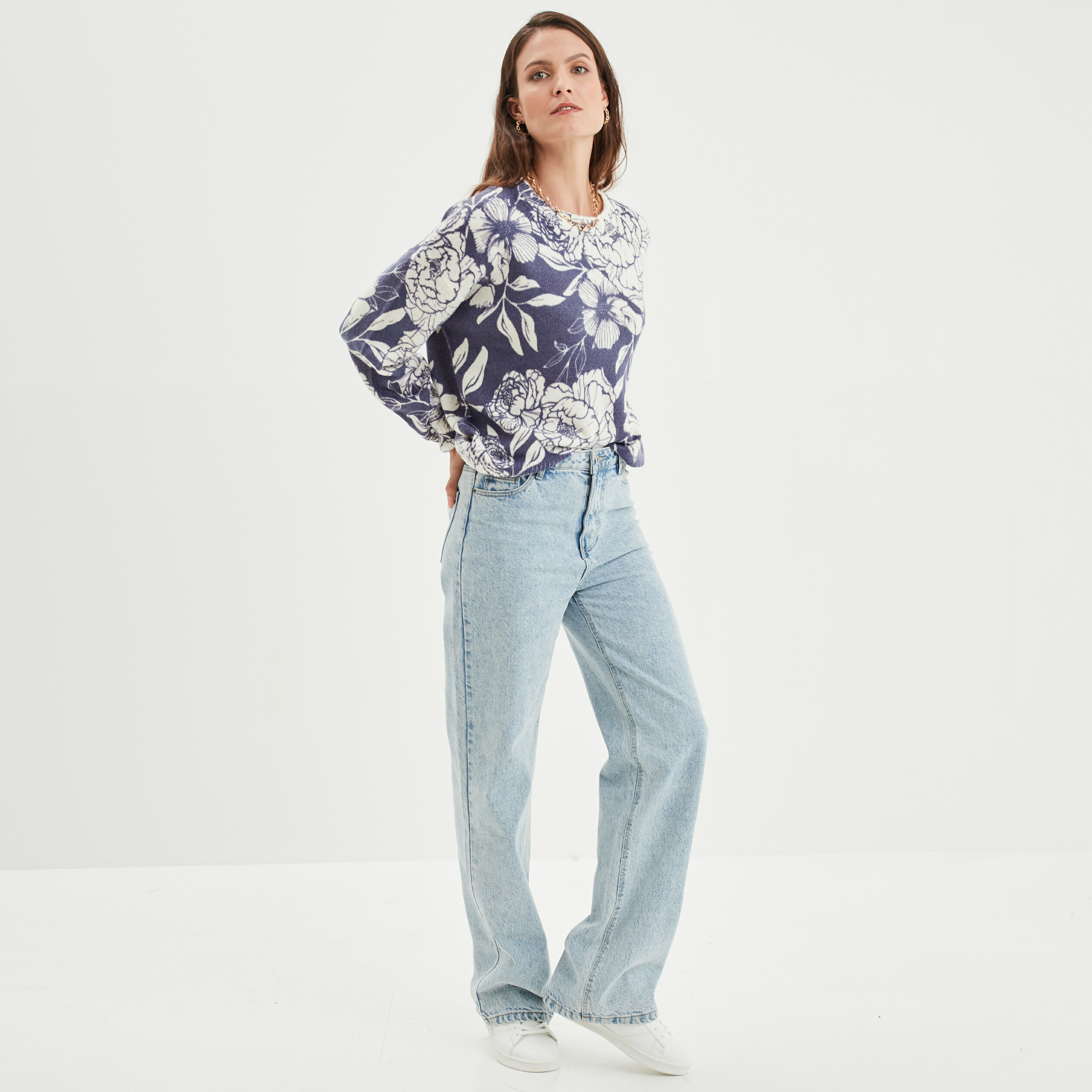 Pull col rond manches longues bleu femme