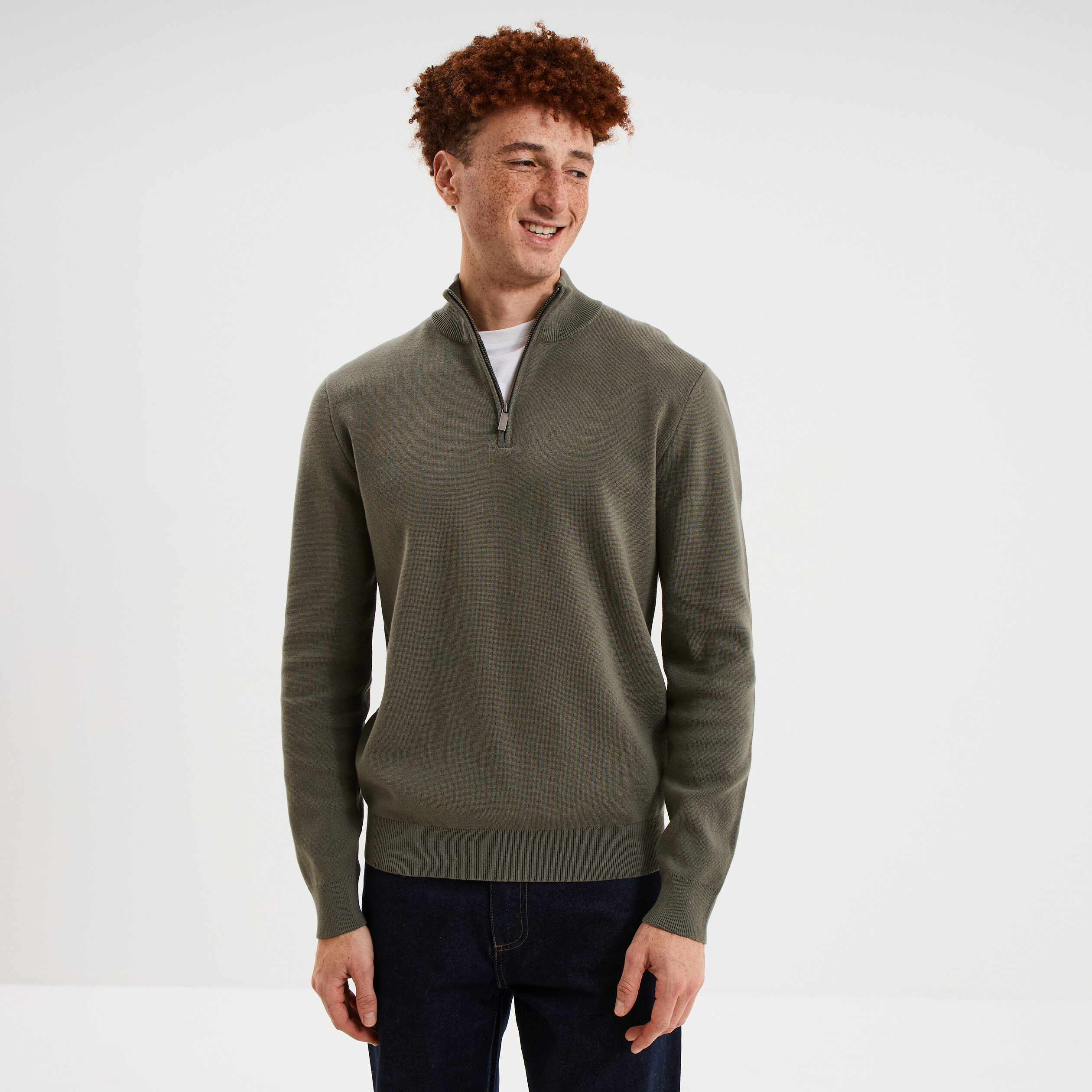 Pull camionneur manches longues vert kaki homme