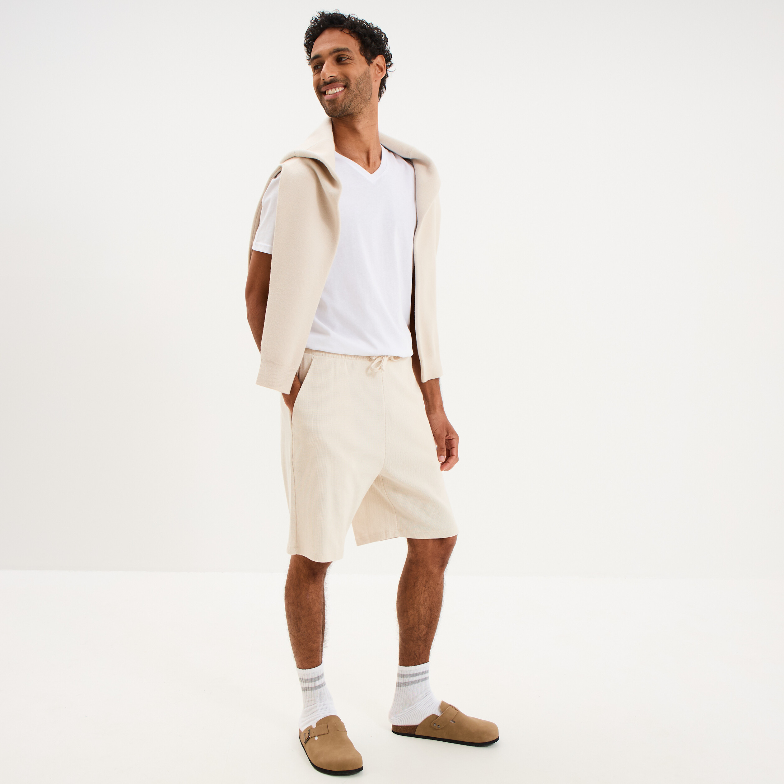 Bermuda chino textur&eacute; coupe droite coton ecru homme