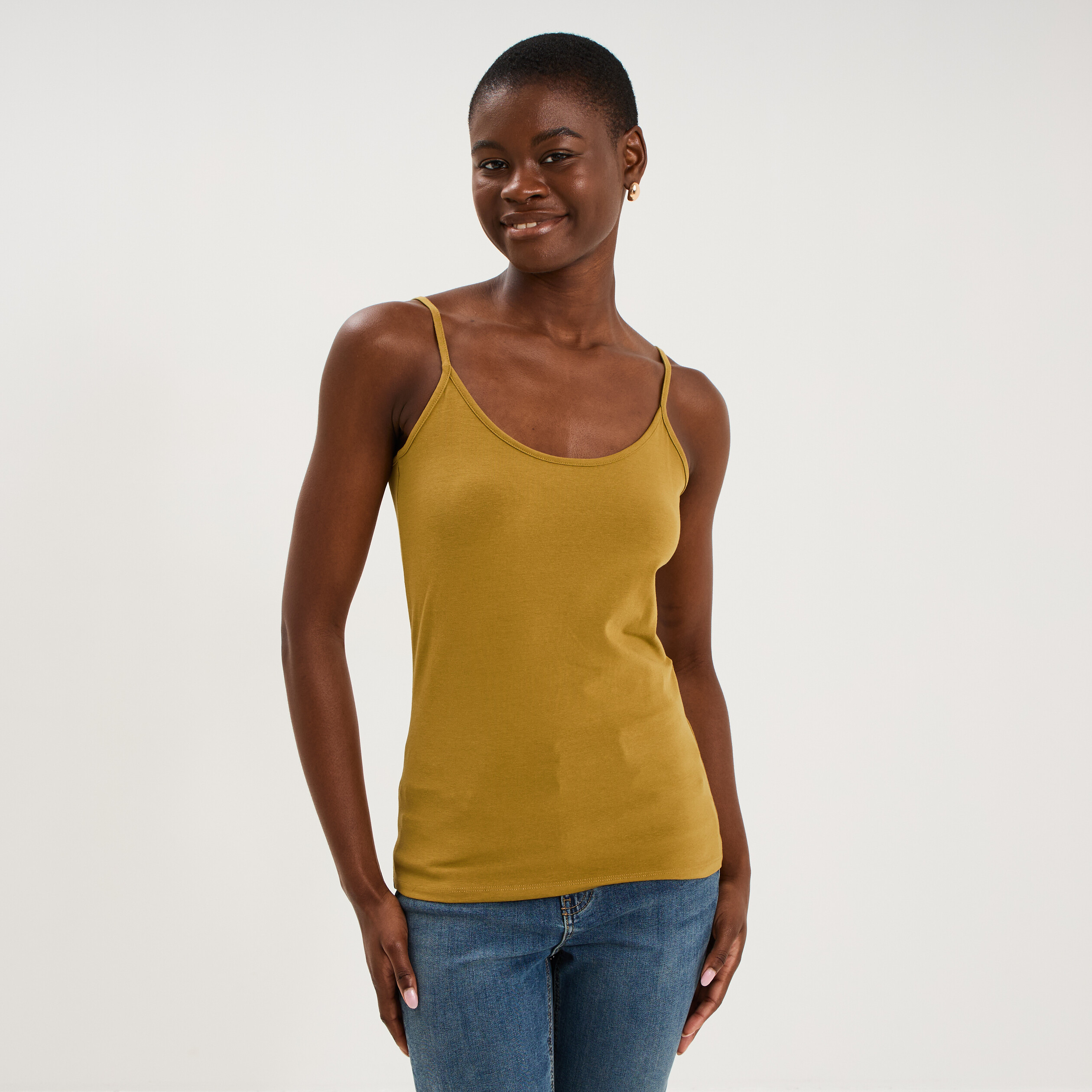 D&eacute;bardeur coton bretelles r&eacute;glables vert olive femme