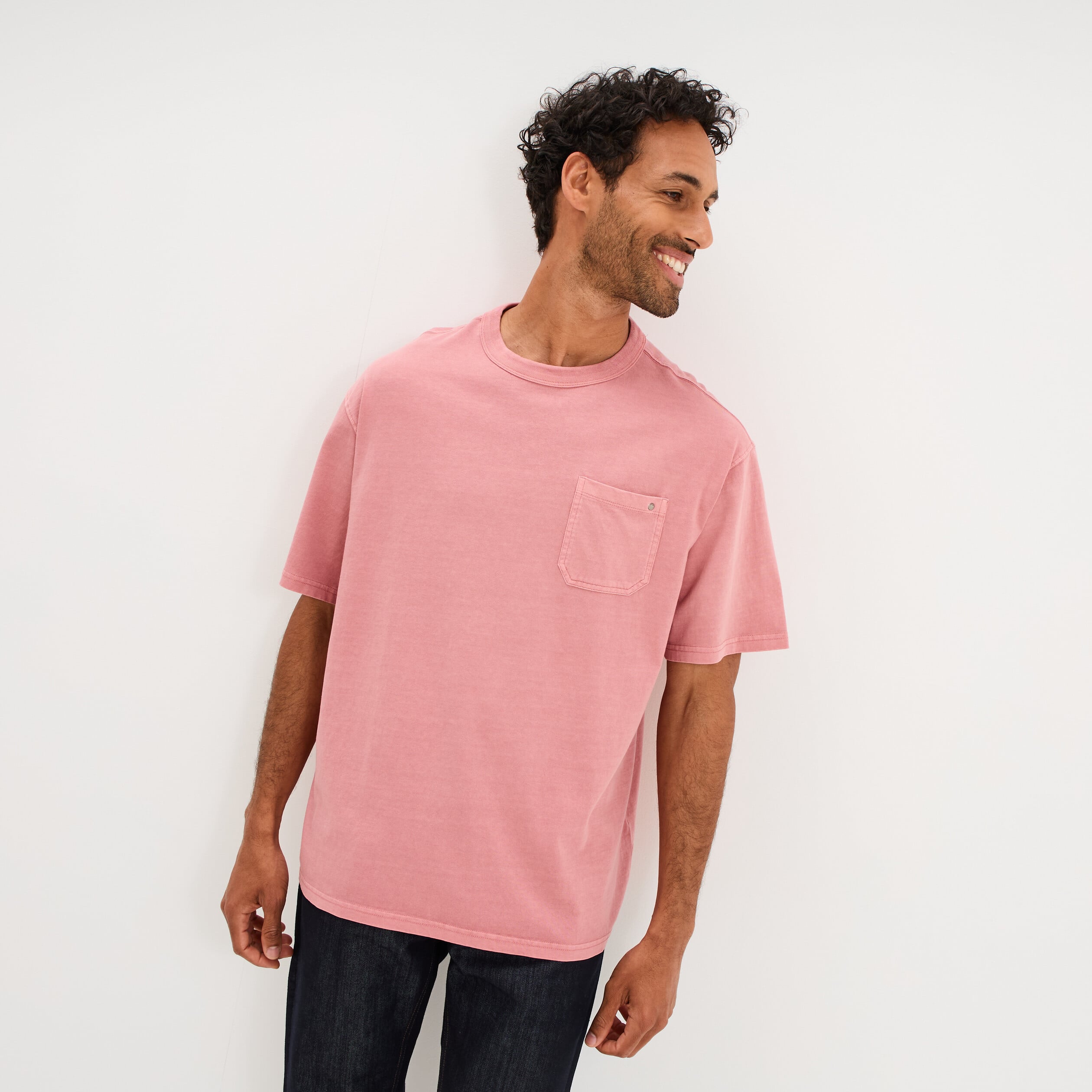 T-shirt droit col rond 1 poche coton vieux rose homme