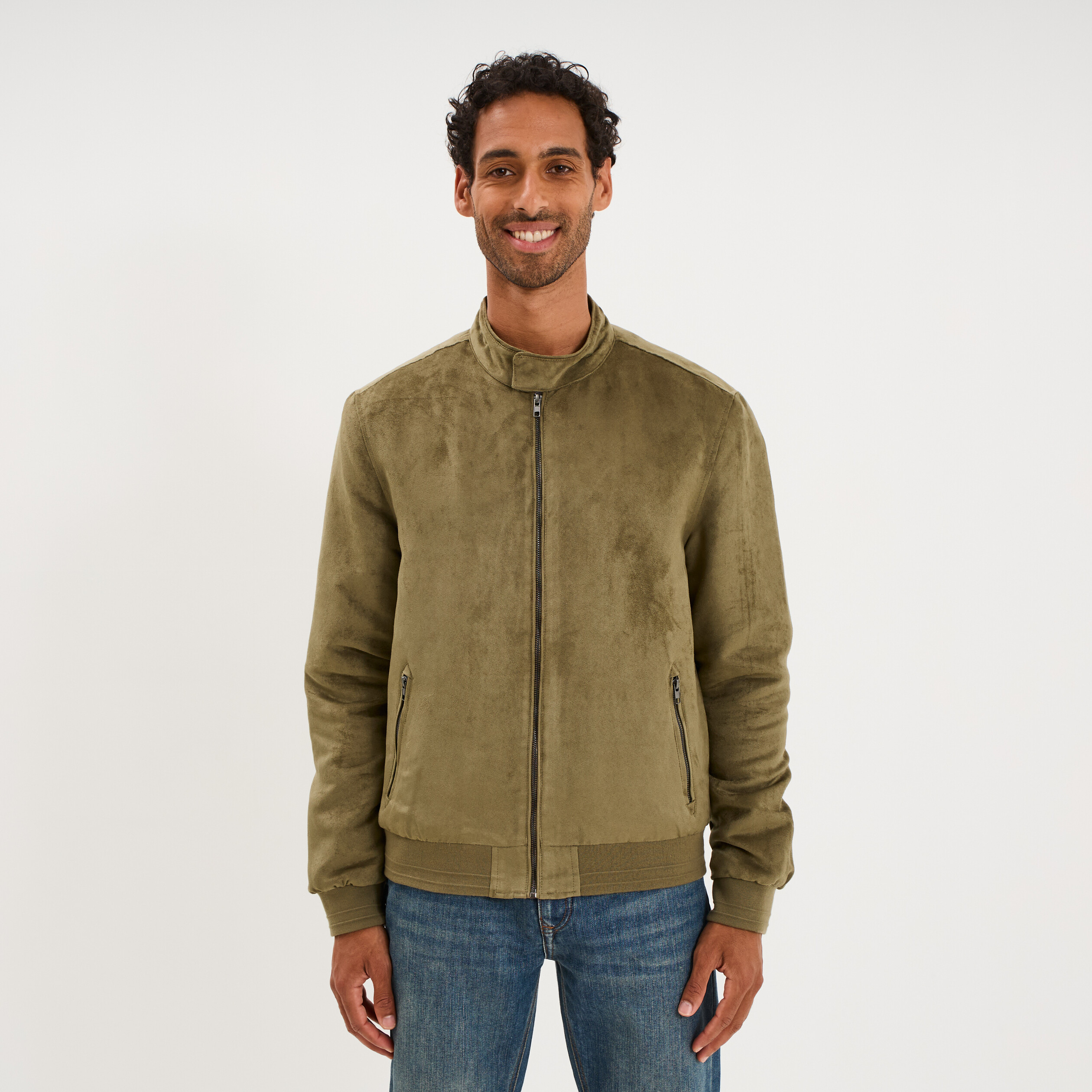 Blouson col biker en su&eacute;dine zipp&eacute; vert kaki homme