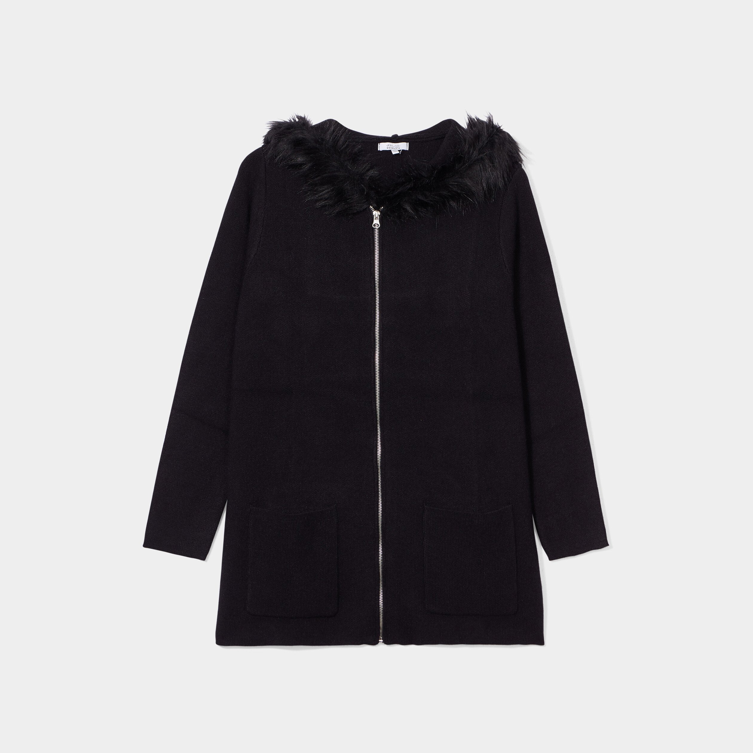 gilet long capuche et fausse fourrure noir femmegt Gilet long capuche et fausse fourrure noir femme grande taille