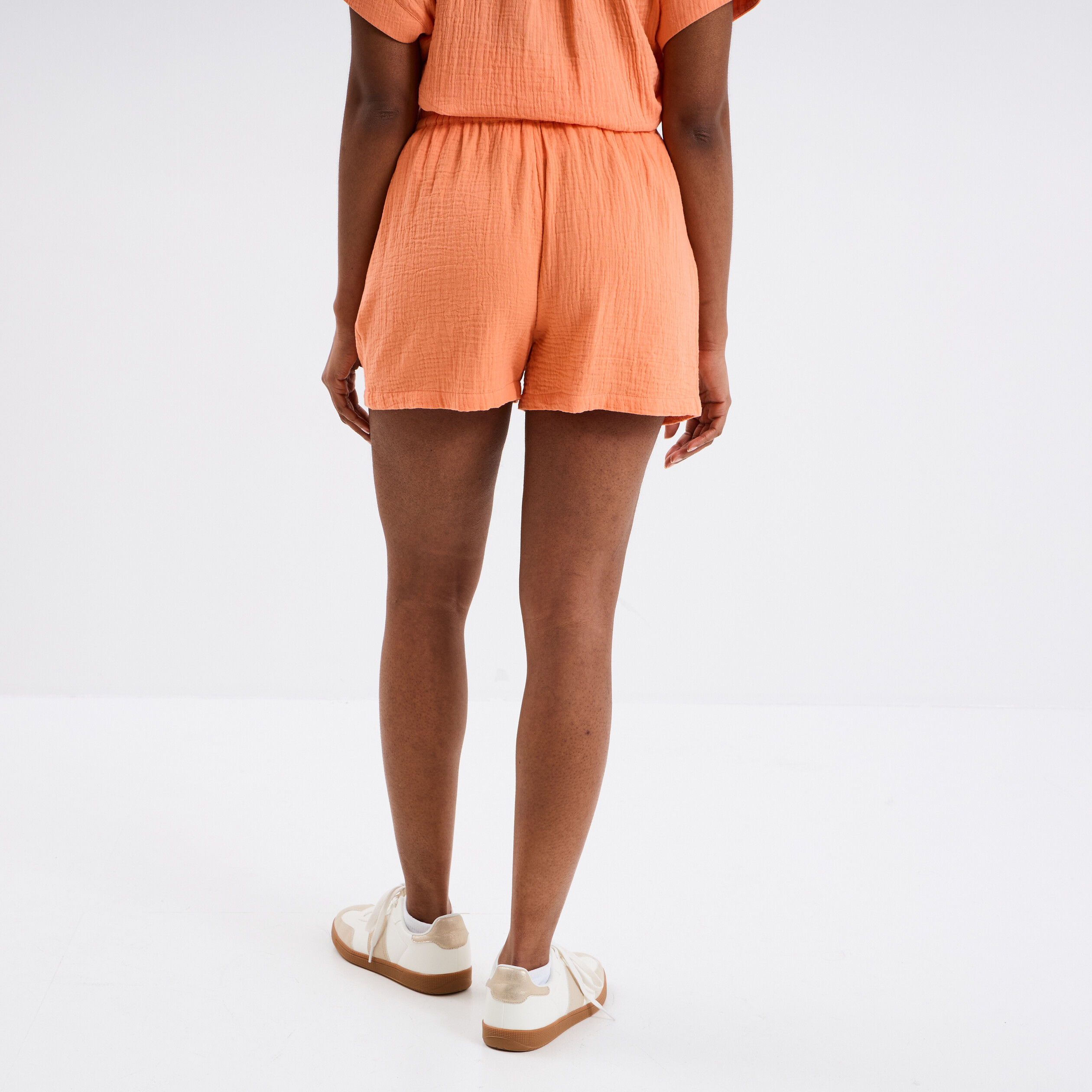short taille elastiquee gaze de coton orange corail femme Short taille élastiquée gaze de coton orange corail femme