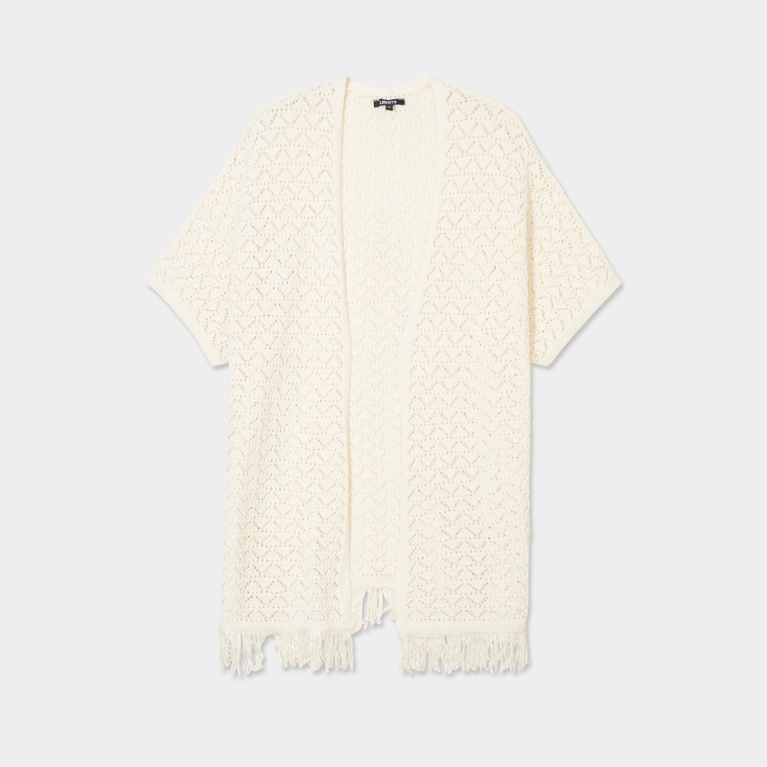 gilet mi long ajoure a franges blanc femme Gilet mi-long ajouré à franges blanc femme