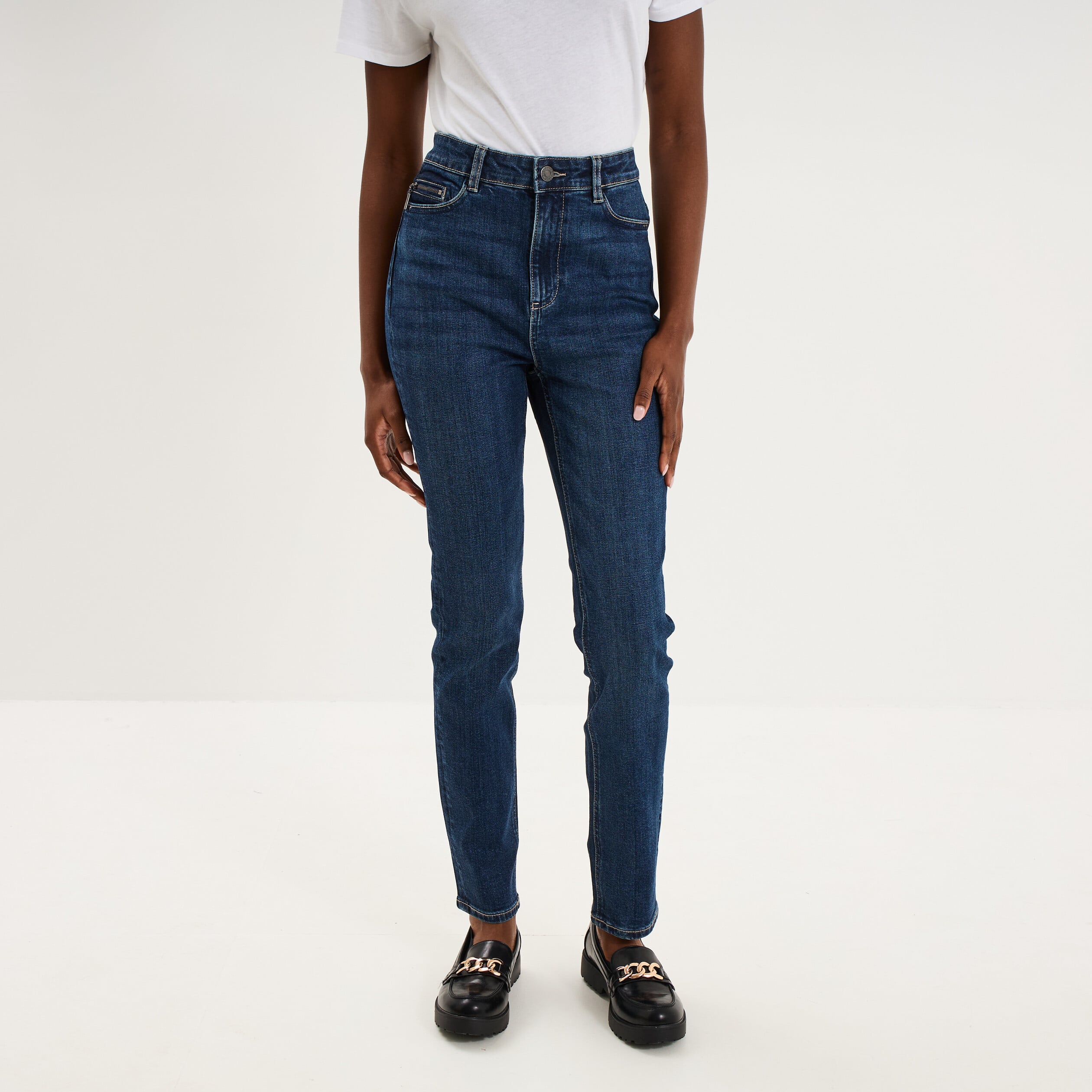 Jean skinny taille haute bleu fonc&eacute; femme
