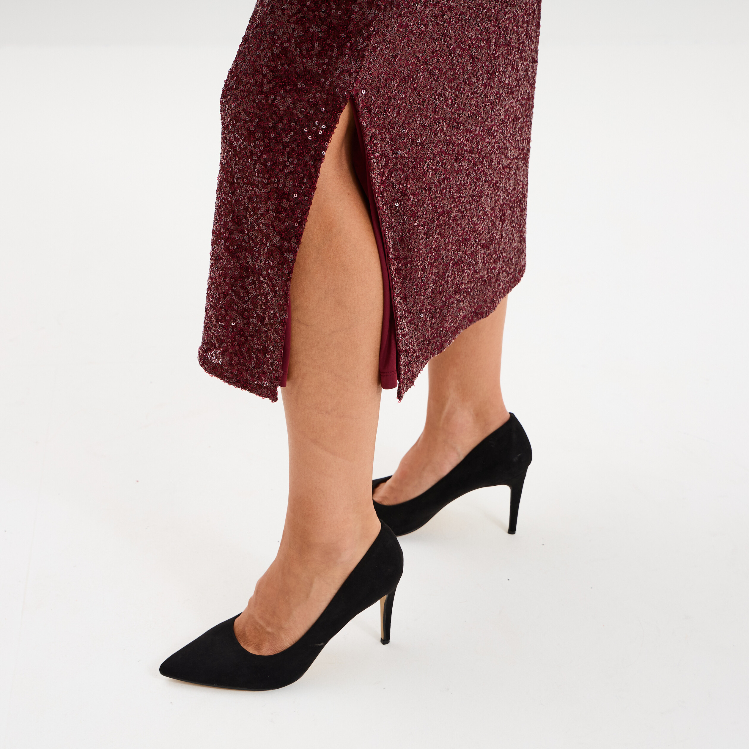 Jupe longue &agrave; sequins rouge fonc&eacute; femme