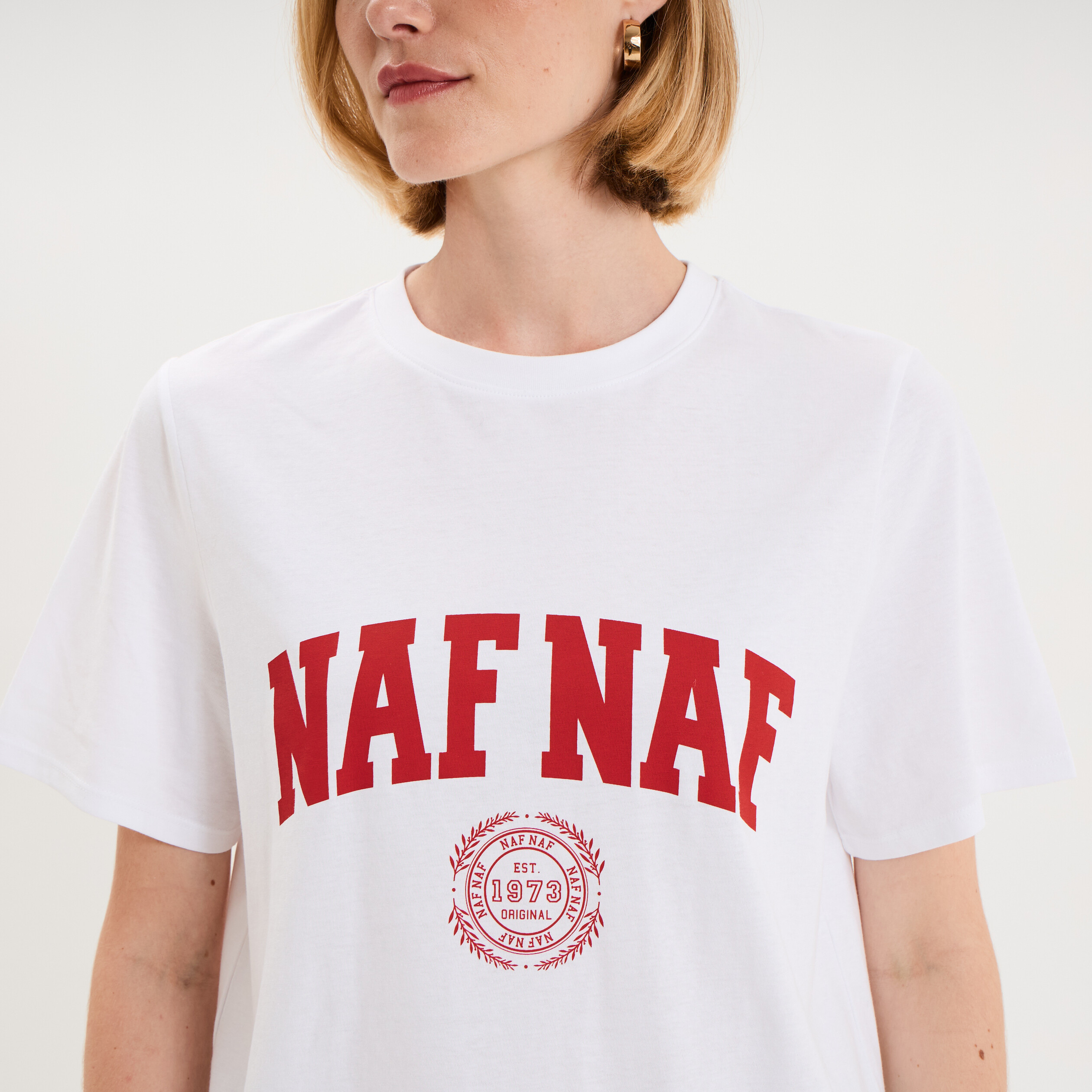 T-shirt col rond manches courtes print blanc femme