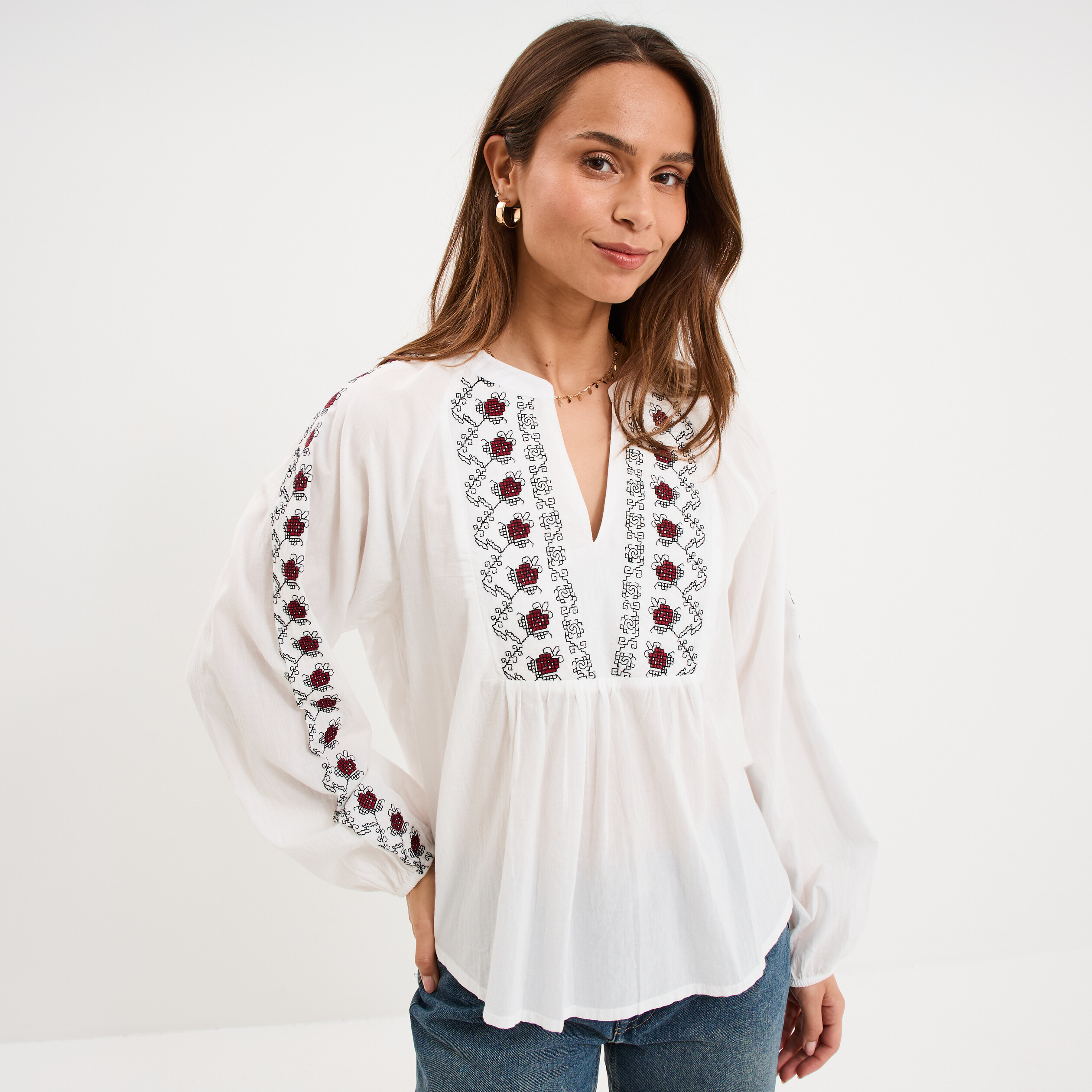 Blouse brod&eacute;e oversize coton blanc femme