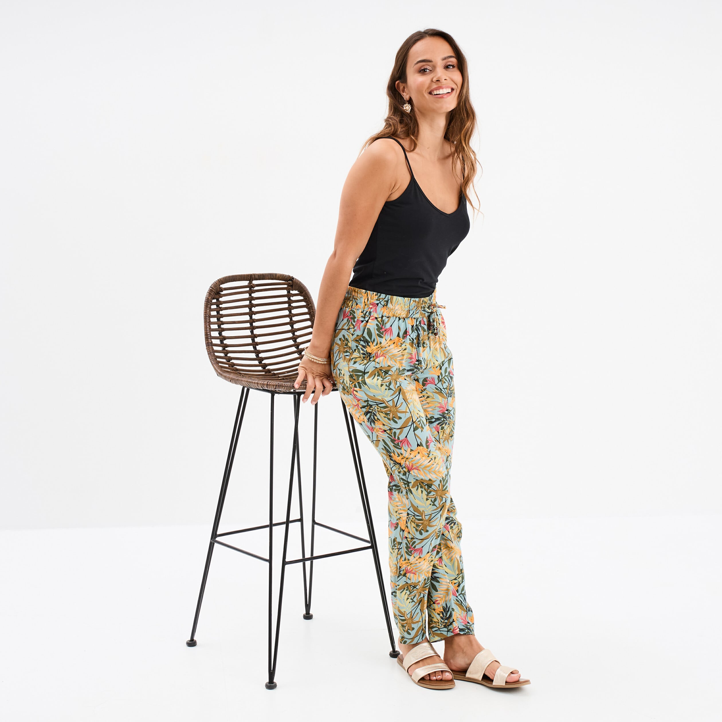 Pantalon cigarette fluide &agrave; ceinture vert &eacute;meraude femme