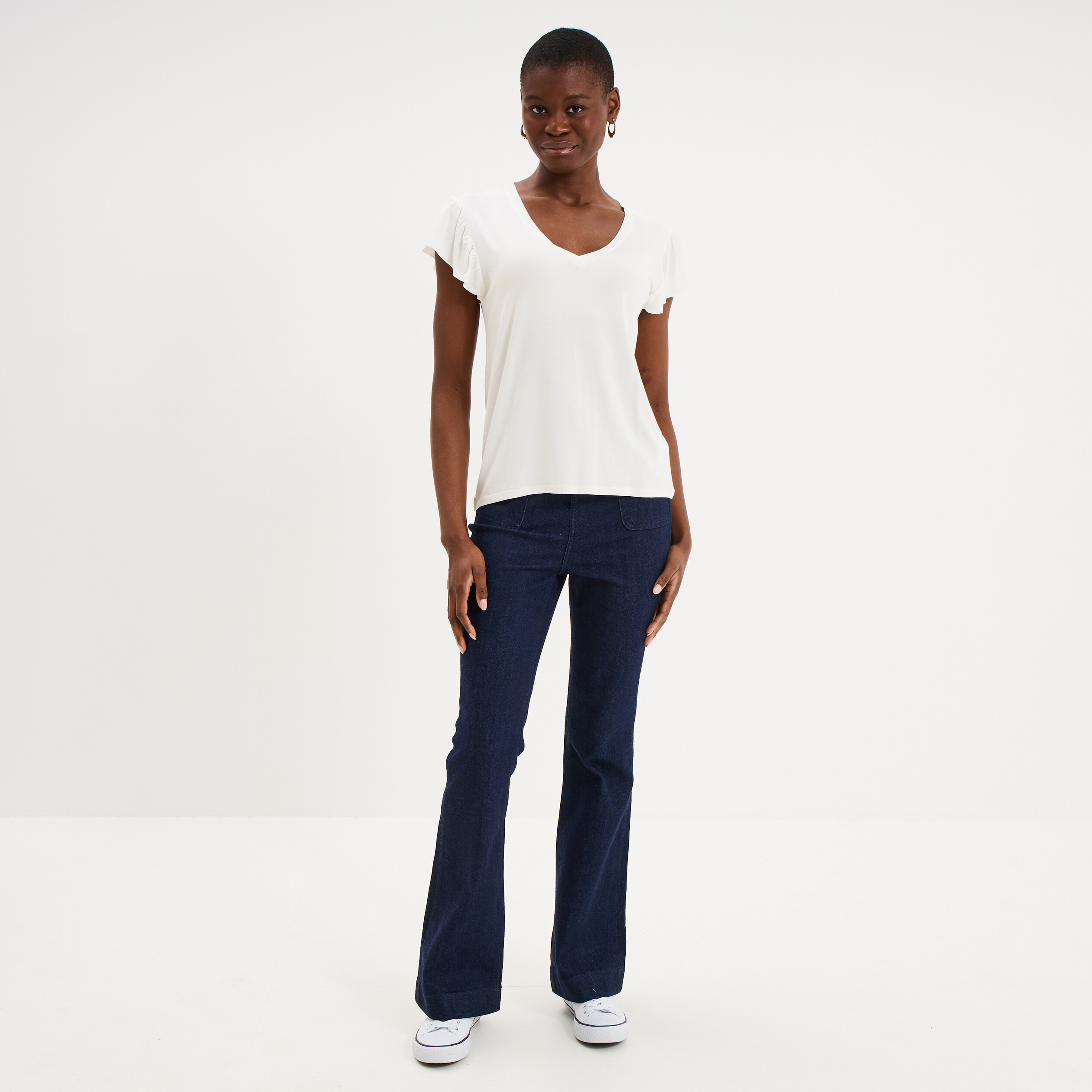 T-shirt droit manches courtes &agrave; volants blanc femme