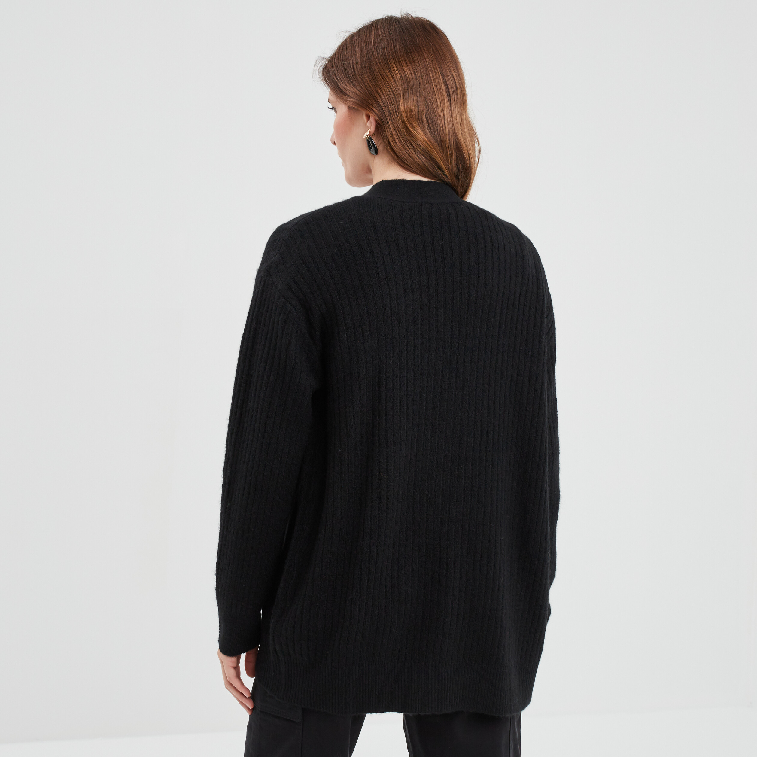 Gilet mi-long côtelé manches longues noir femme