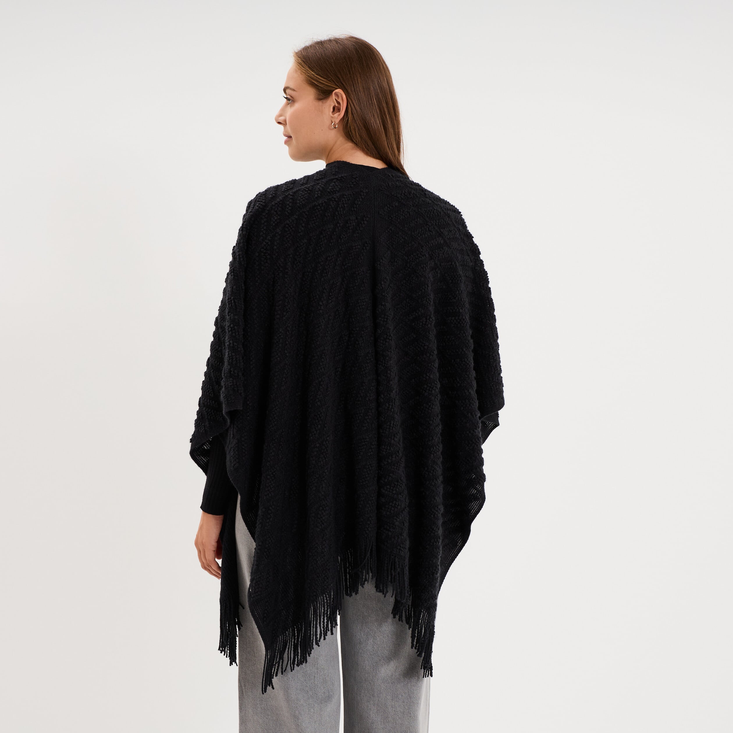 Poncho &agrave; franges ample noir femme