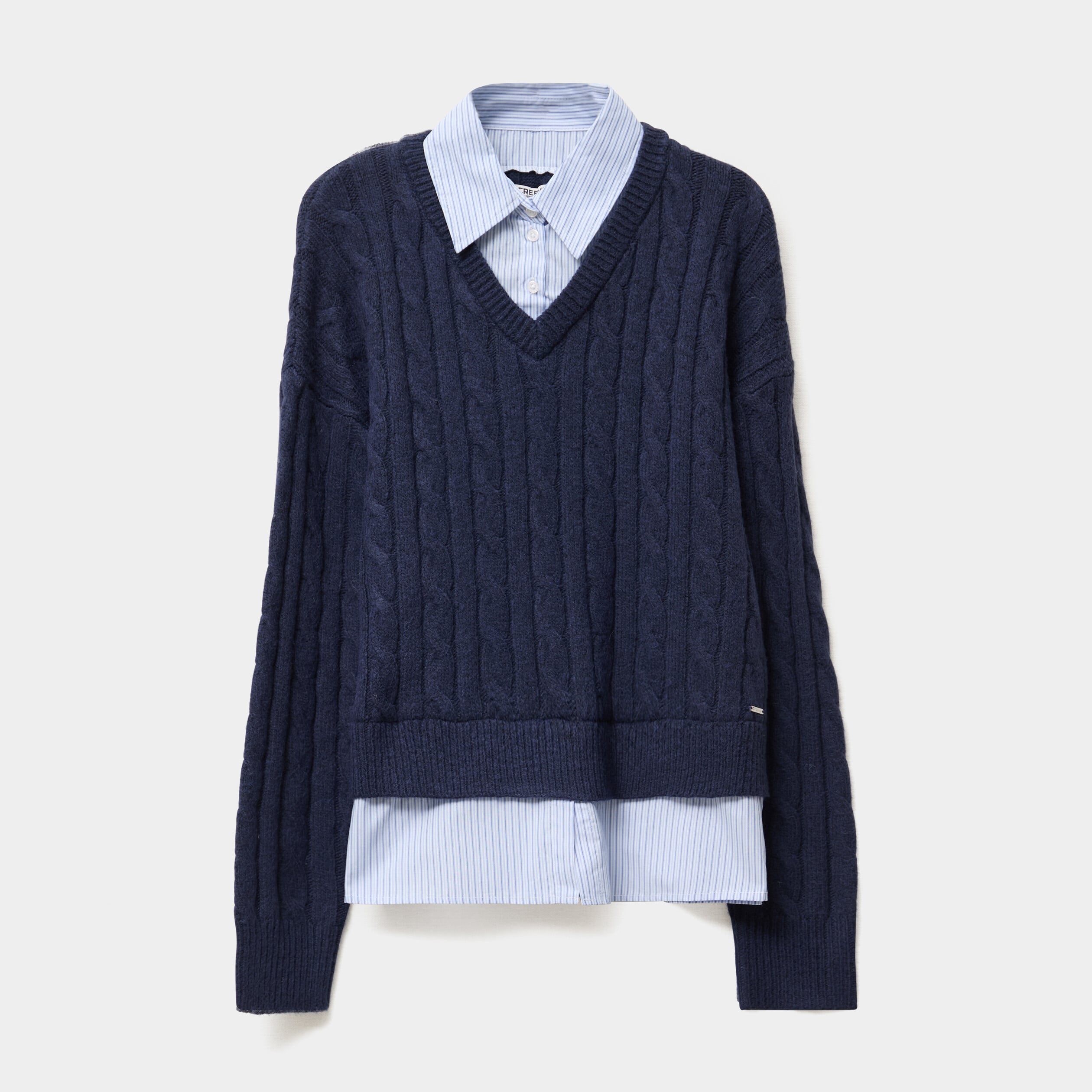 Pull torsades effet 2-en-1 chemise bleu marine femme