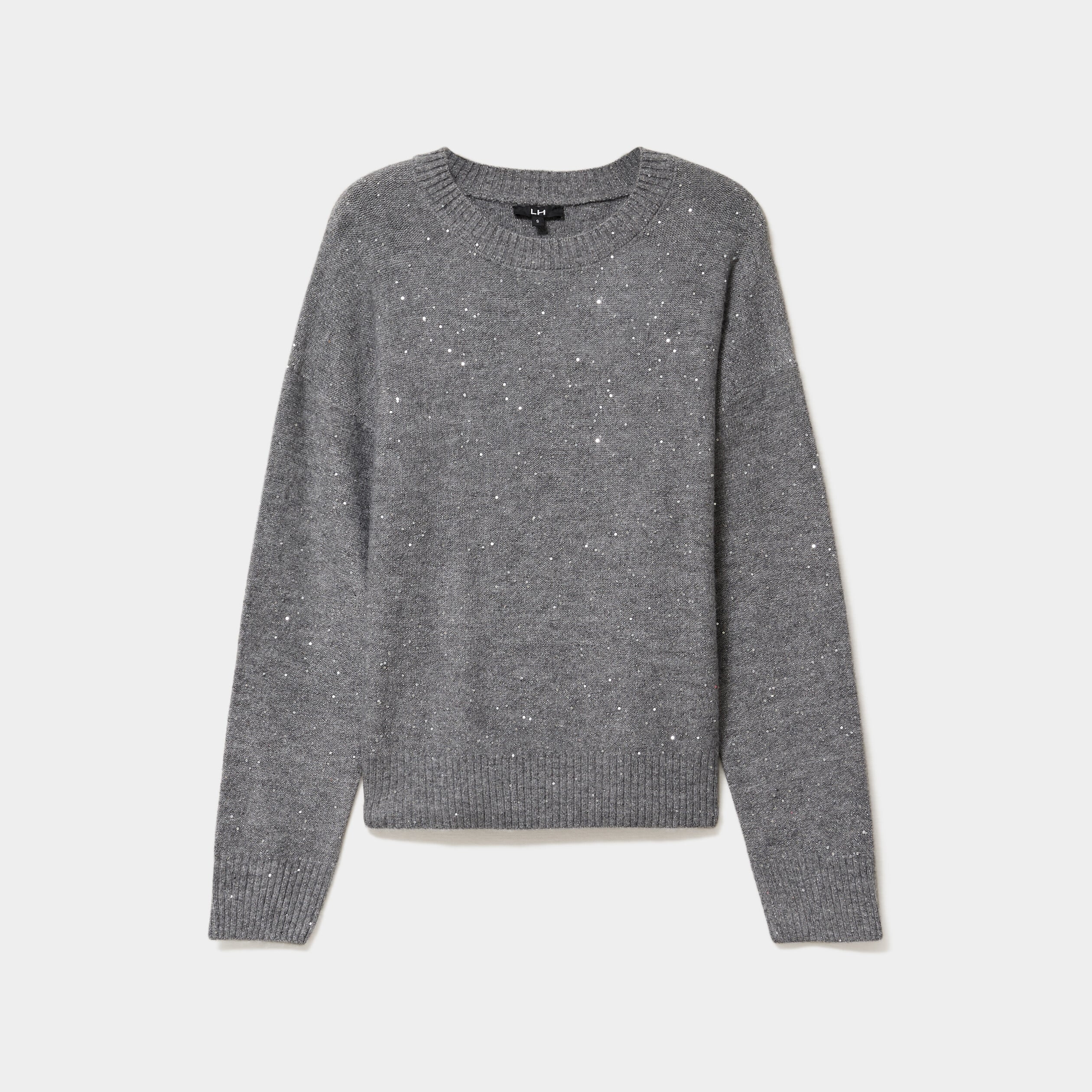 Pull col rond paillettes fils m&eacute;tallis&eacute;s gris femme