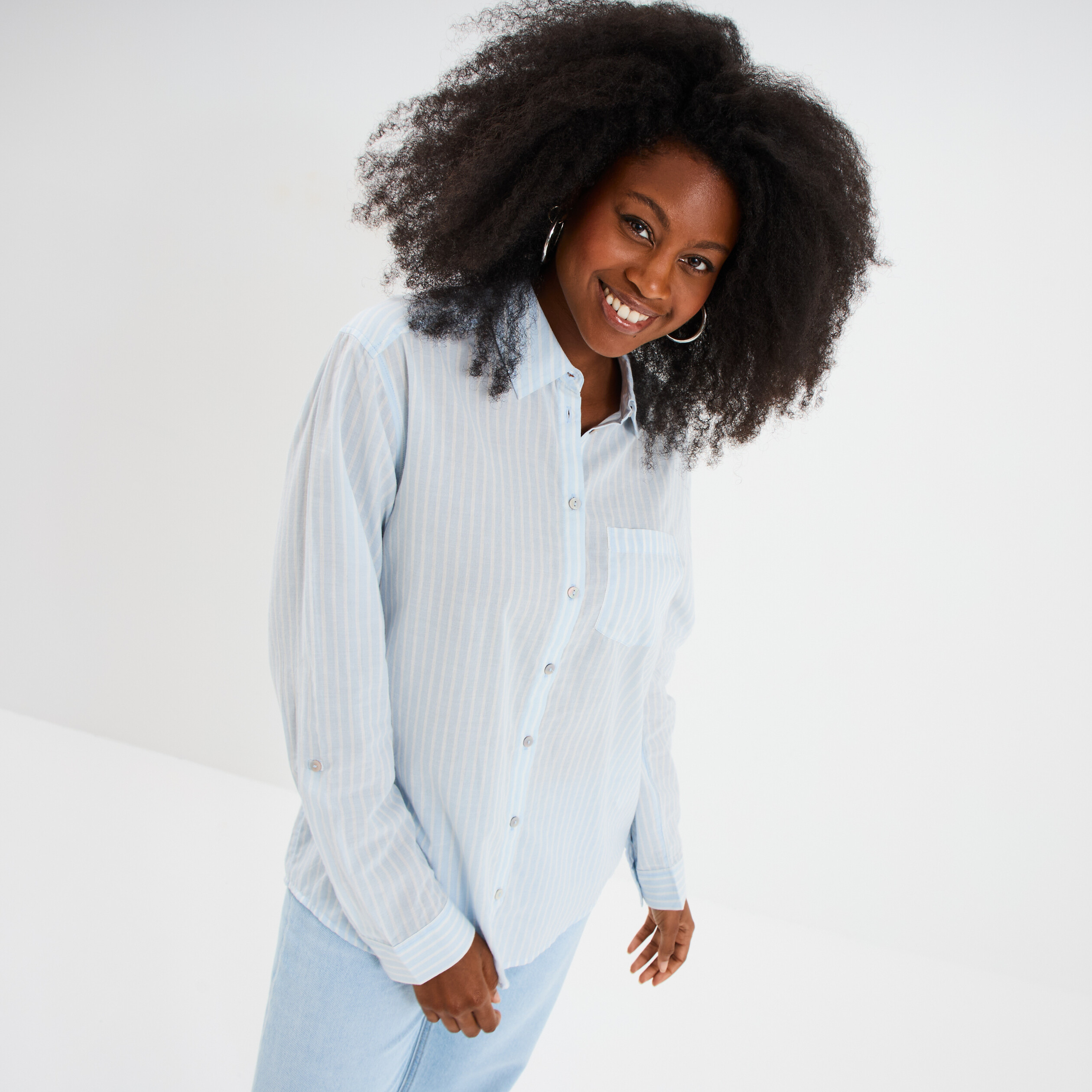 Chemise manches ajustables 1 poche coton bleu femme