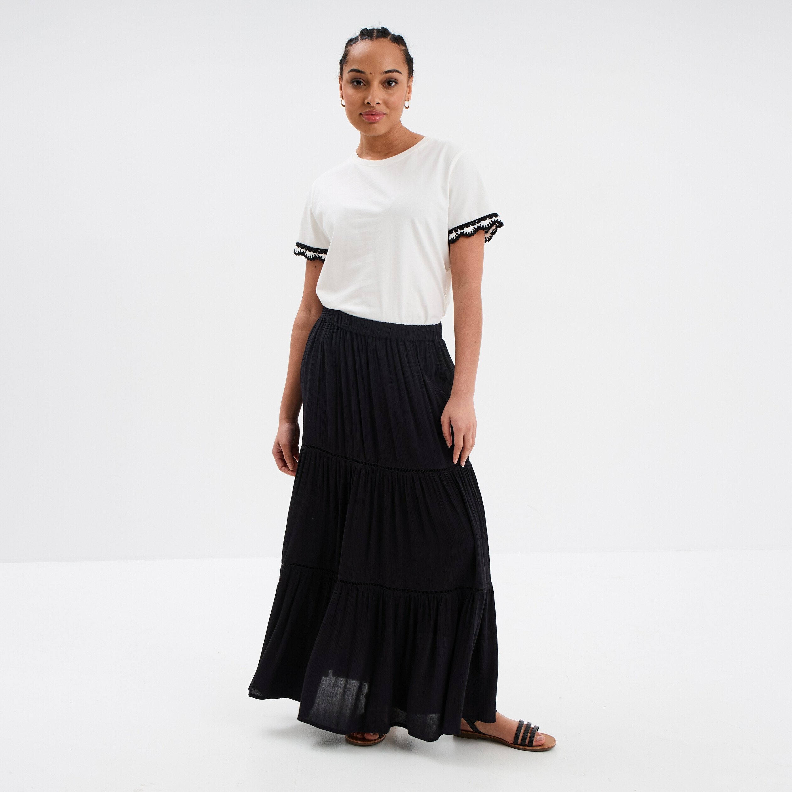 jupe longue fluide taille elastiquee noir femme Jupe longue fluide taille élastiquée noir femme