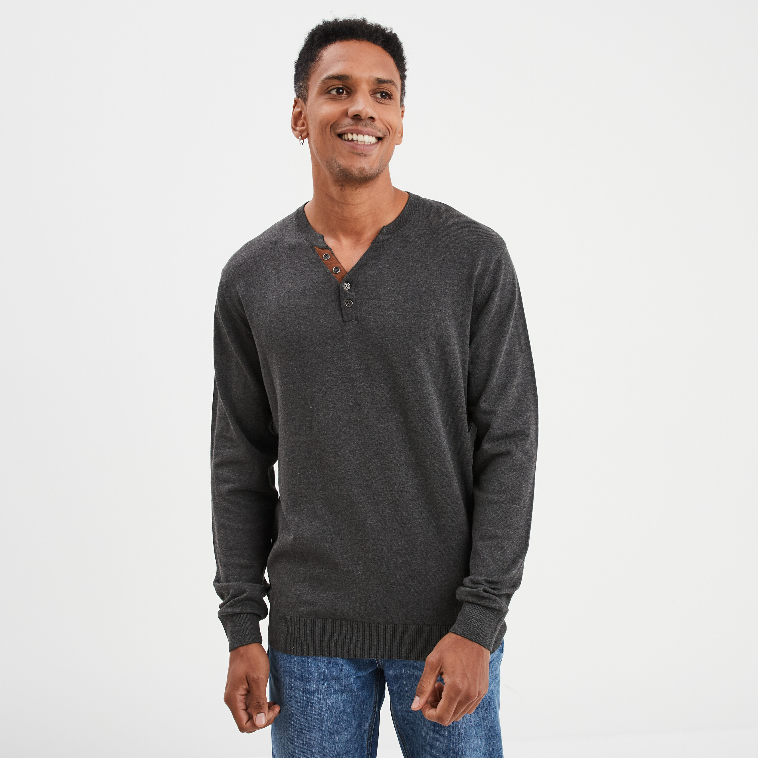 pull col tunisien manches longues gris fonce homme Pull col tunisien manches longues gris foncé homme