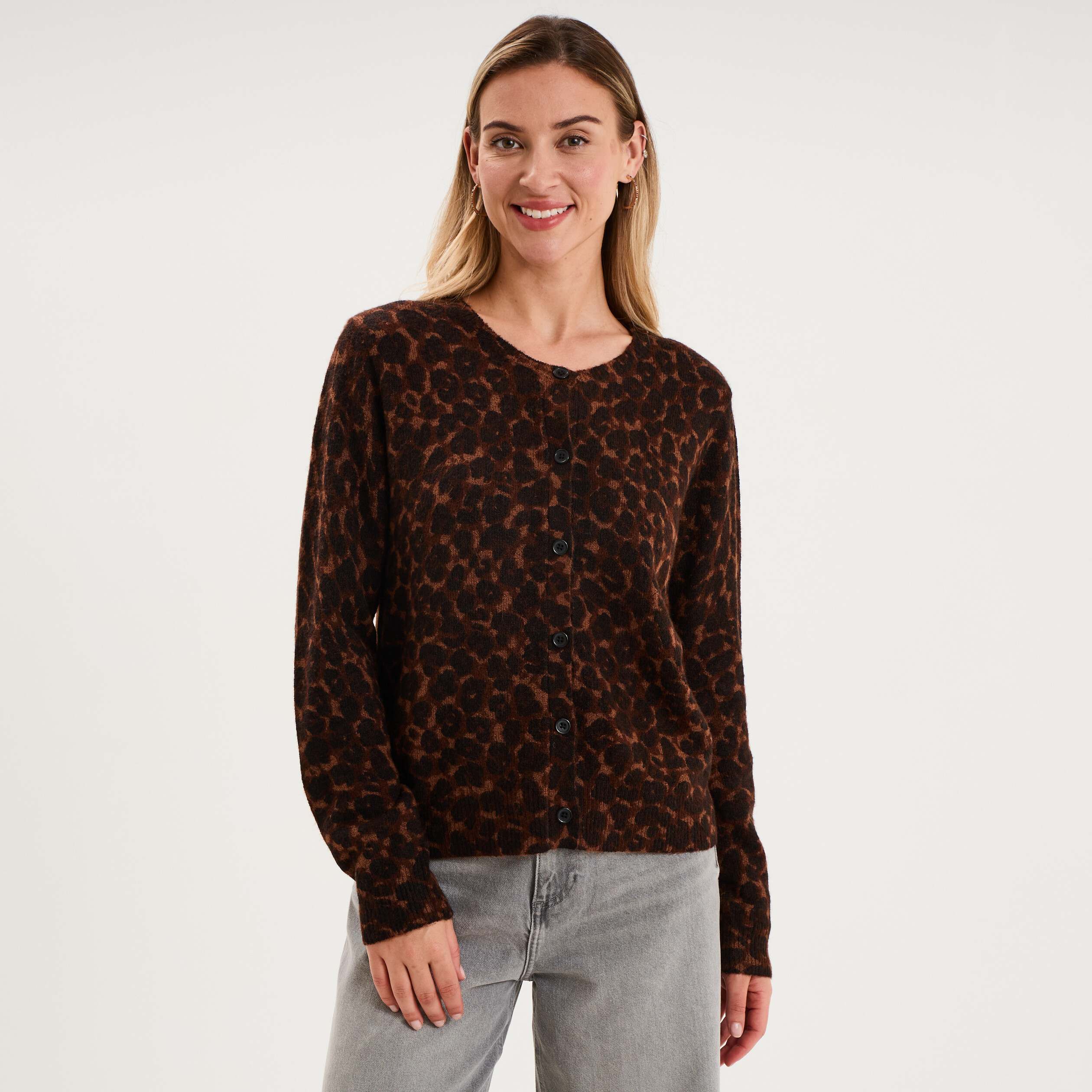 Gilet ajust&eacute; col rond manches longues marron femme