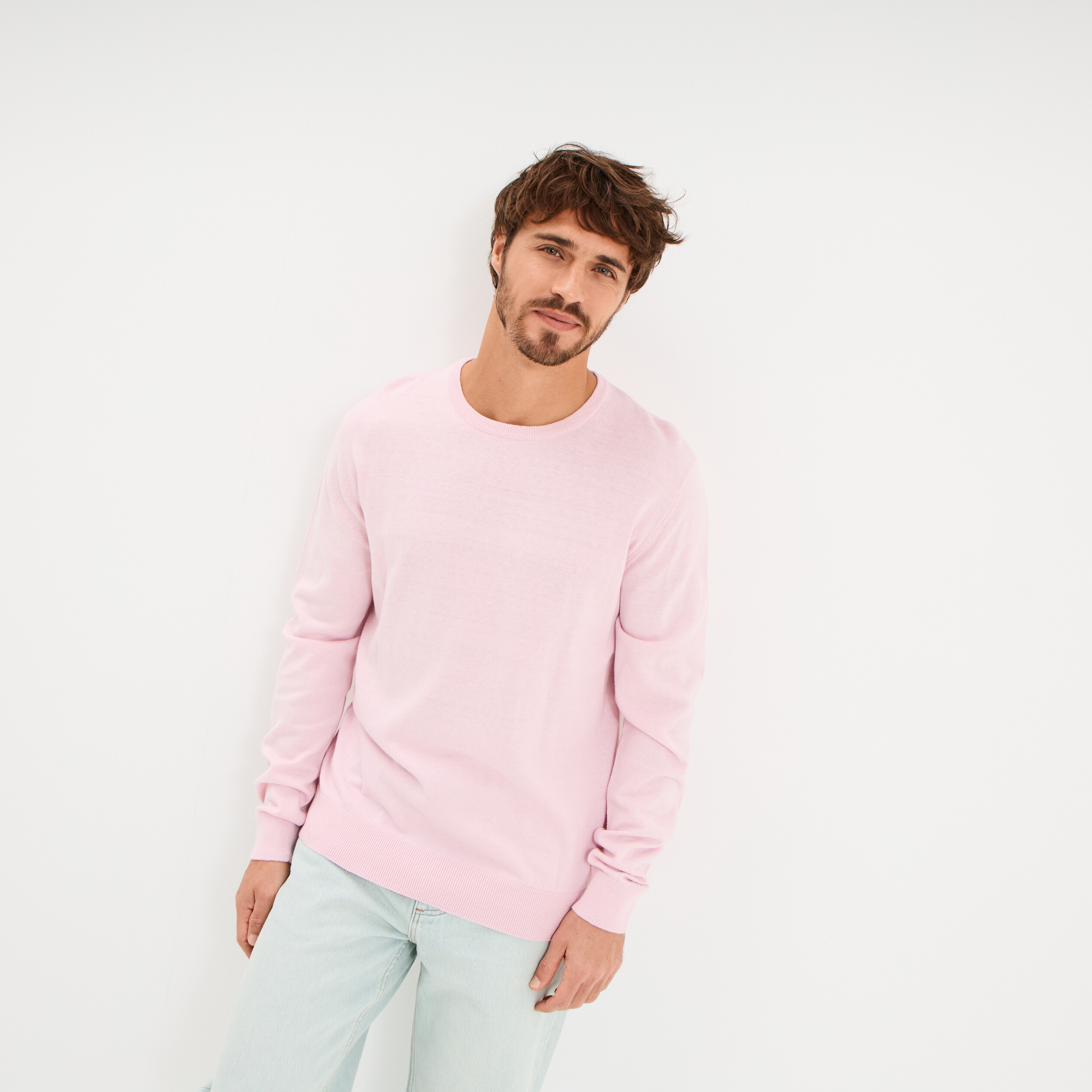 Pull droit col rond coton m&eacute;lang&eacute; rose pastel homme
