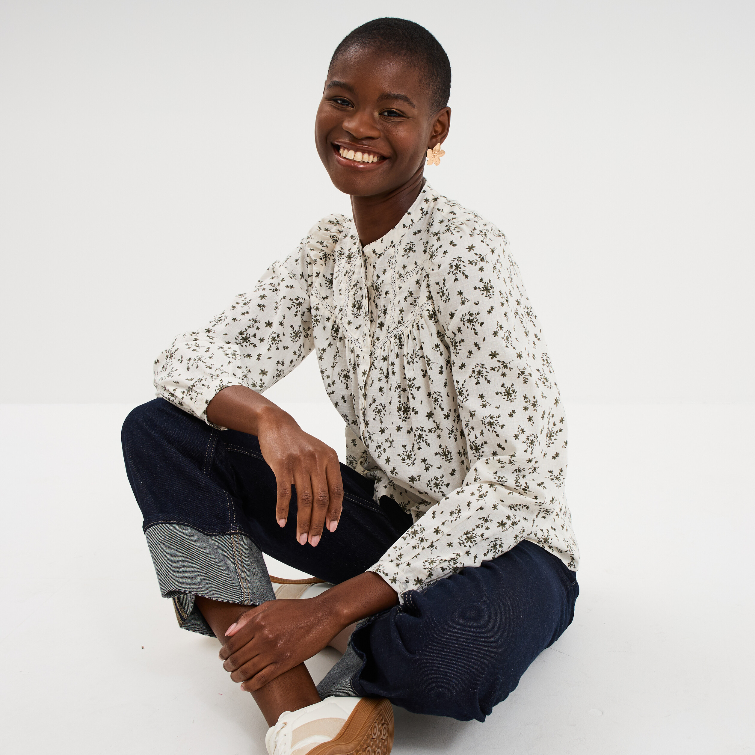 Blouse droite manches longues coton ecru femme