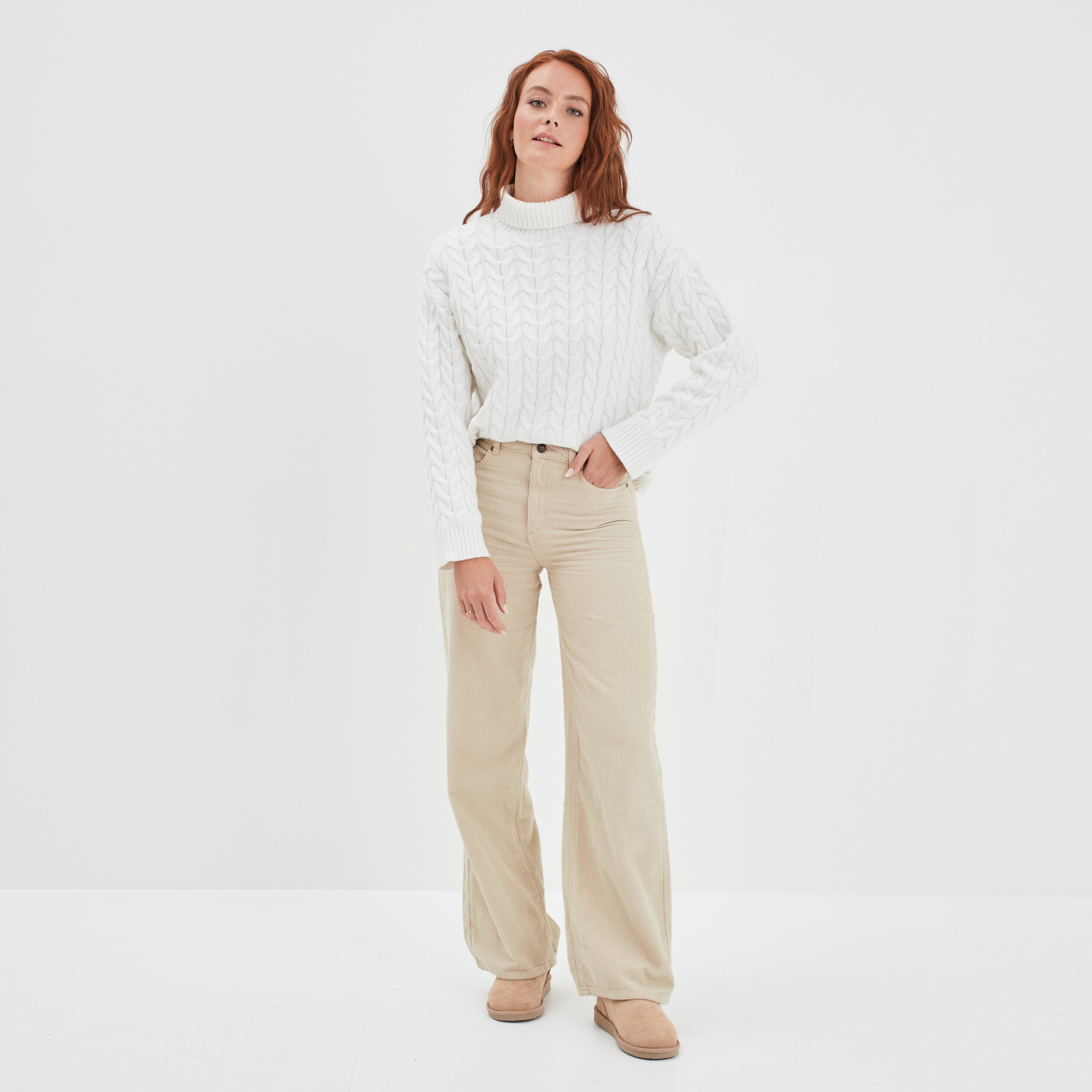 Pantalon velours taille haute large blanc femme