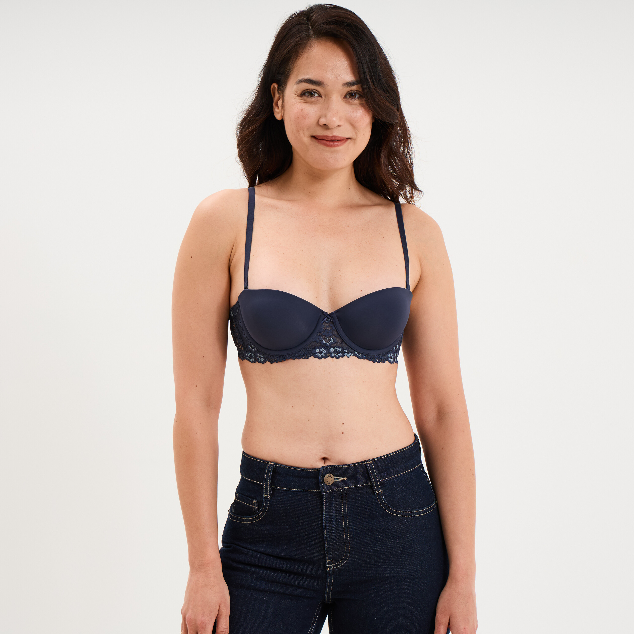 Soutien-gorge balconnet micro dentelle bleu marine femme