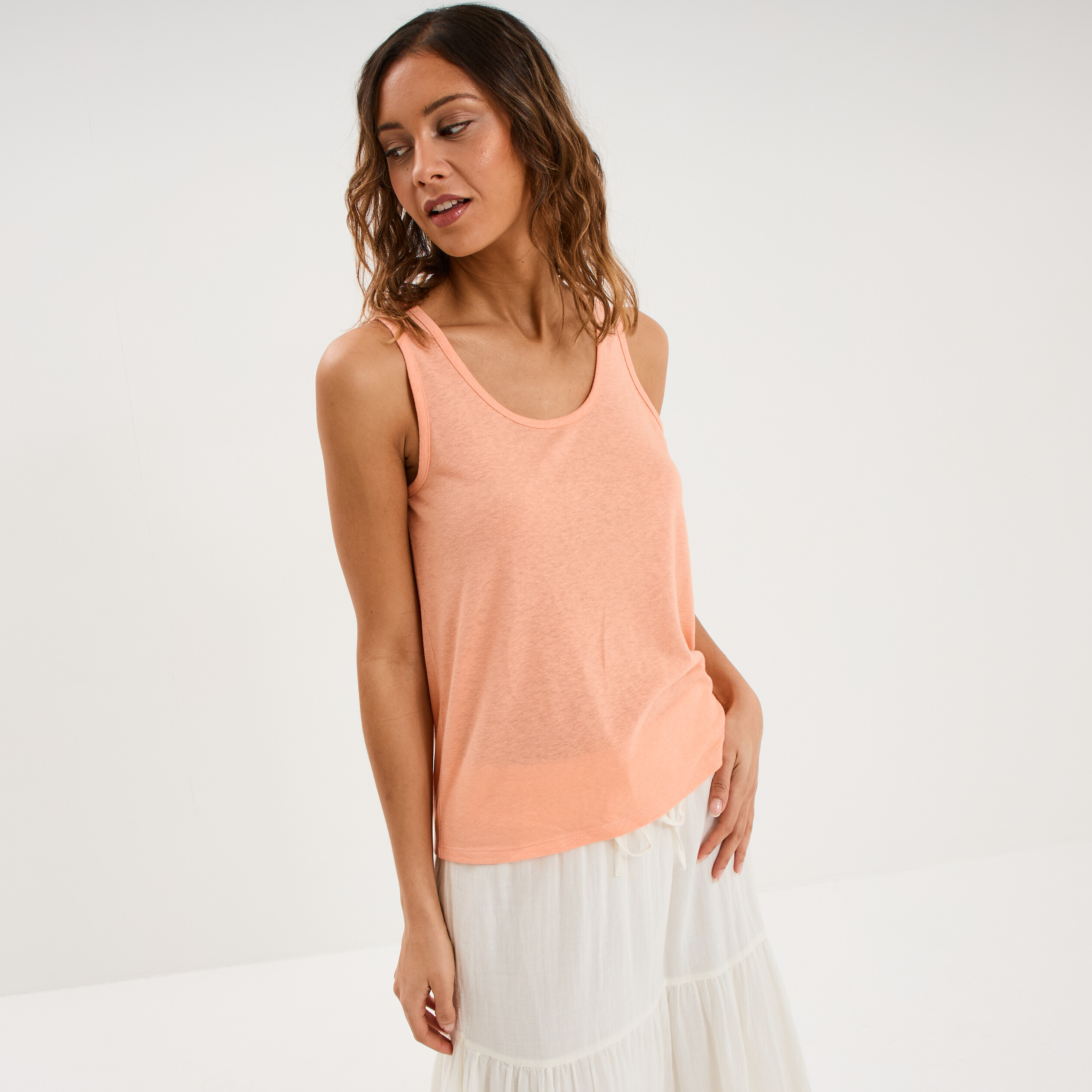 D&eacute;bardeur col rond m&eacute;lange lin rose saumon femme