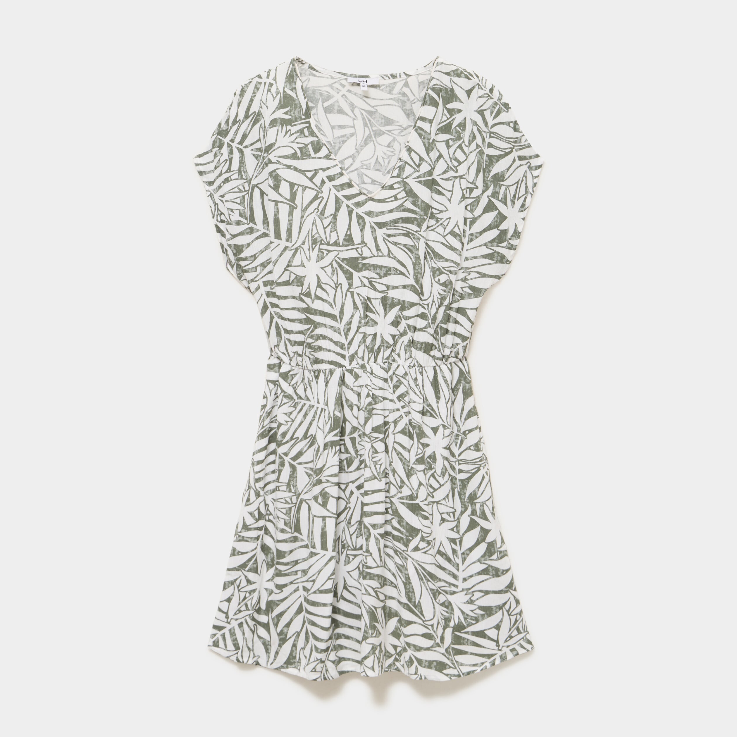Robe caftant courte col en V vert kaki femme