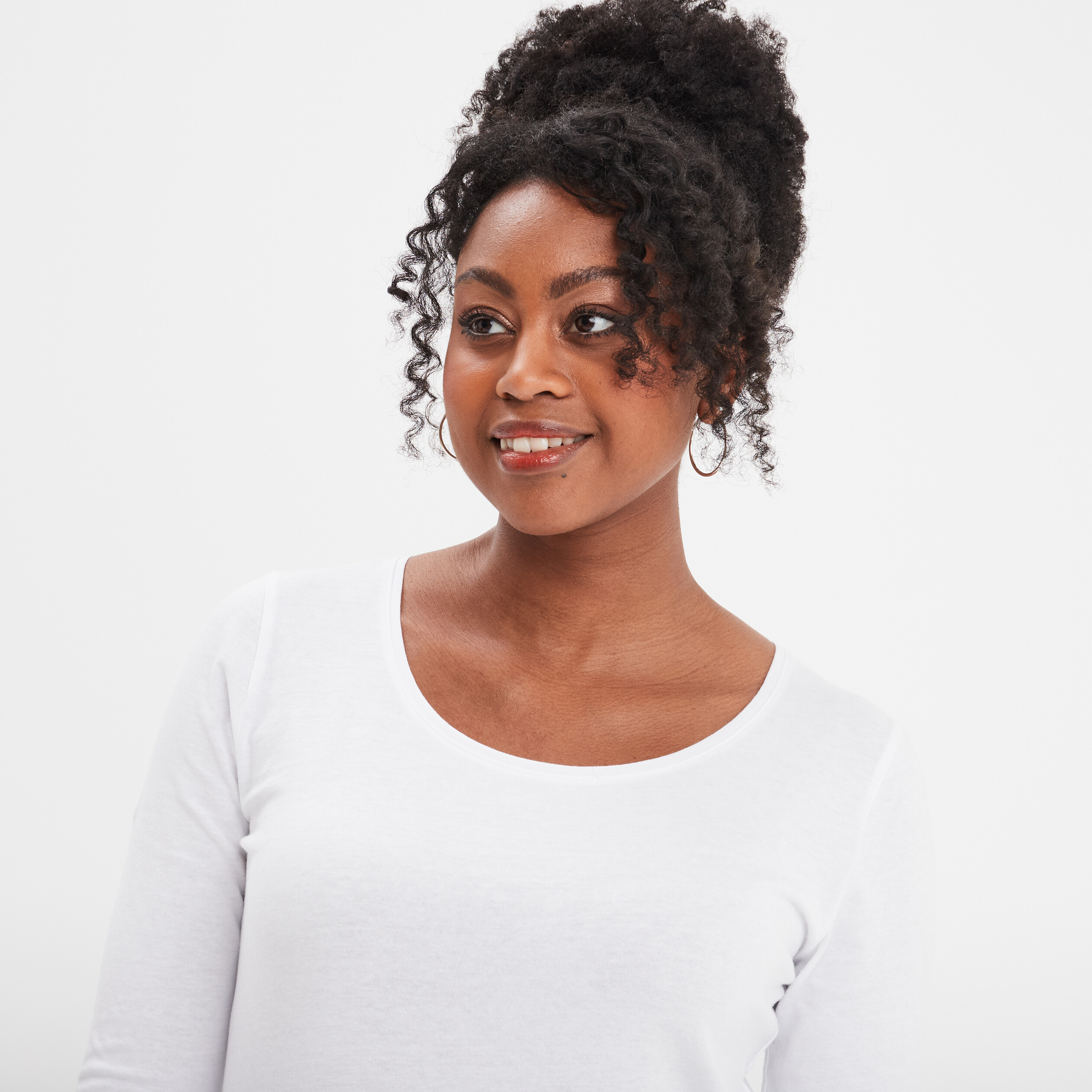 t shirt coton col rond manches longues blanc femme T-shirt coton col rond manches longues blanc femme