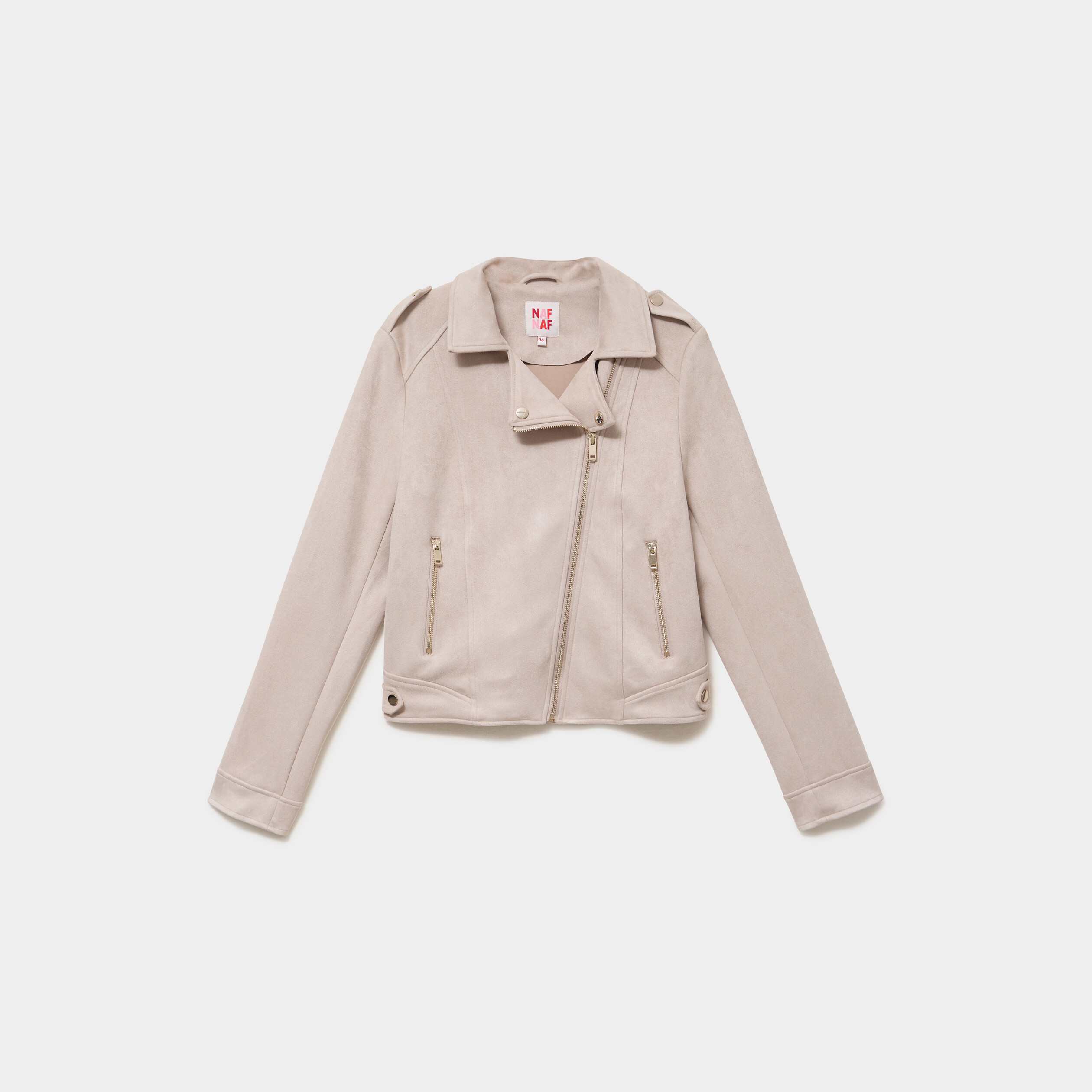 Veste biker en su&eacute;dine ajust&eacute;e beige femme