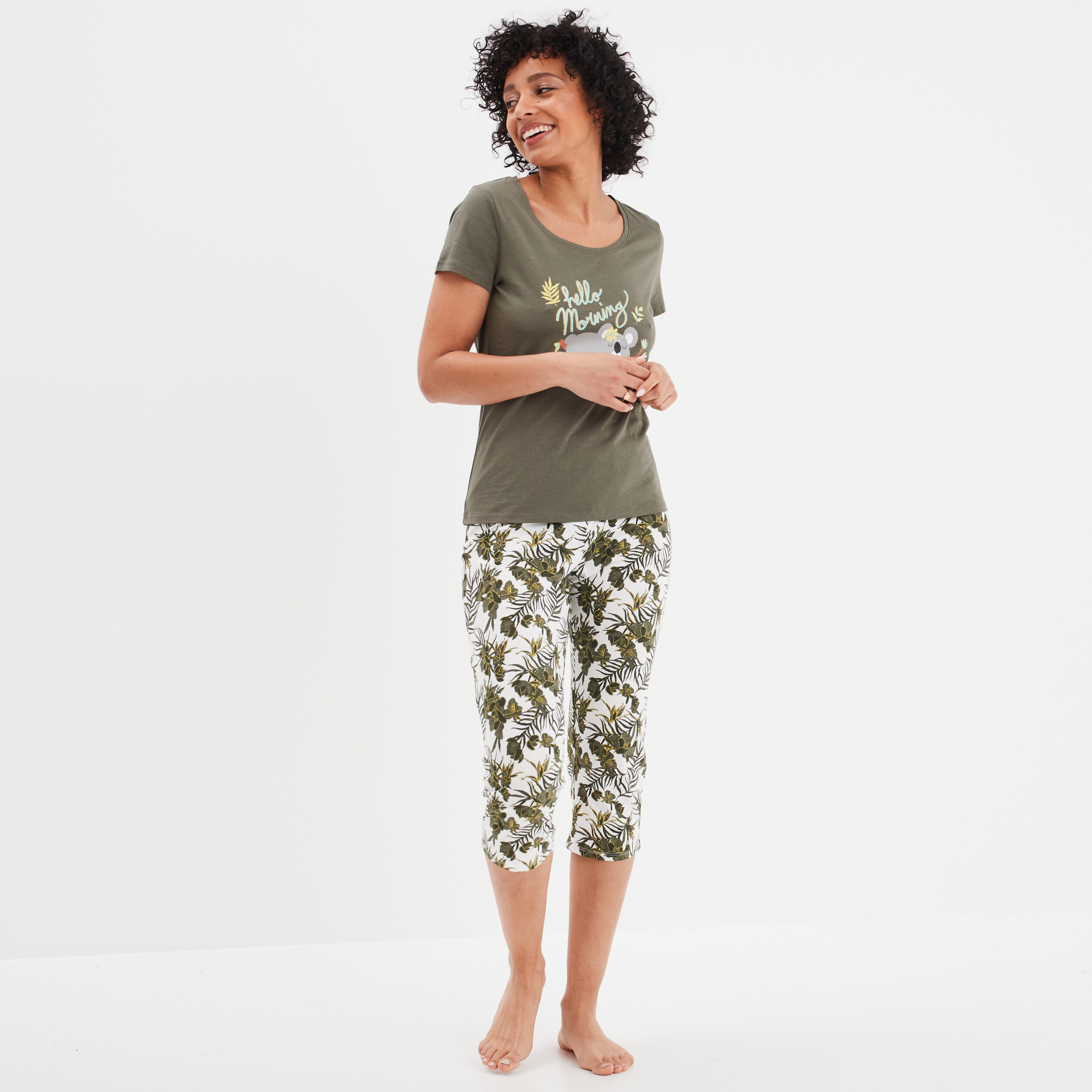 Ensemble pyjama corsaire 2 pi&egrave;ces coton vert kaki femme