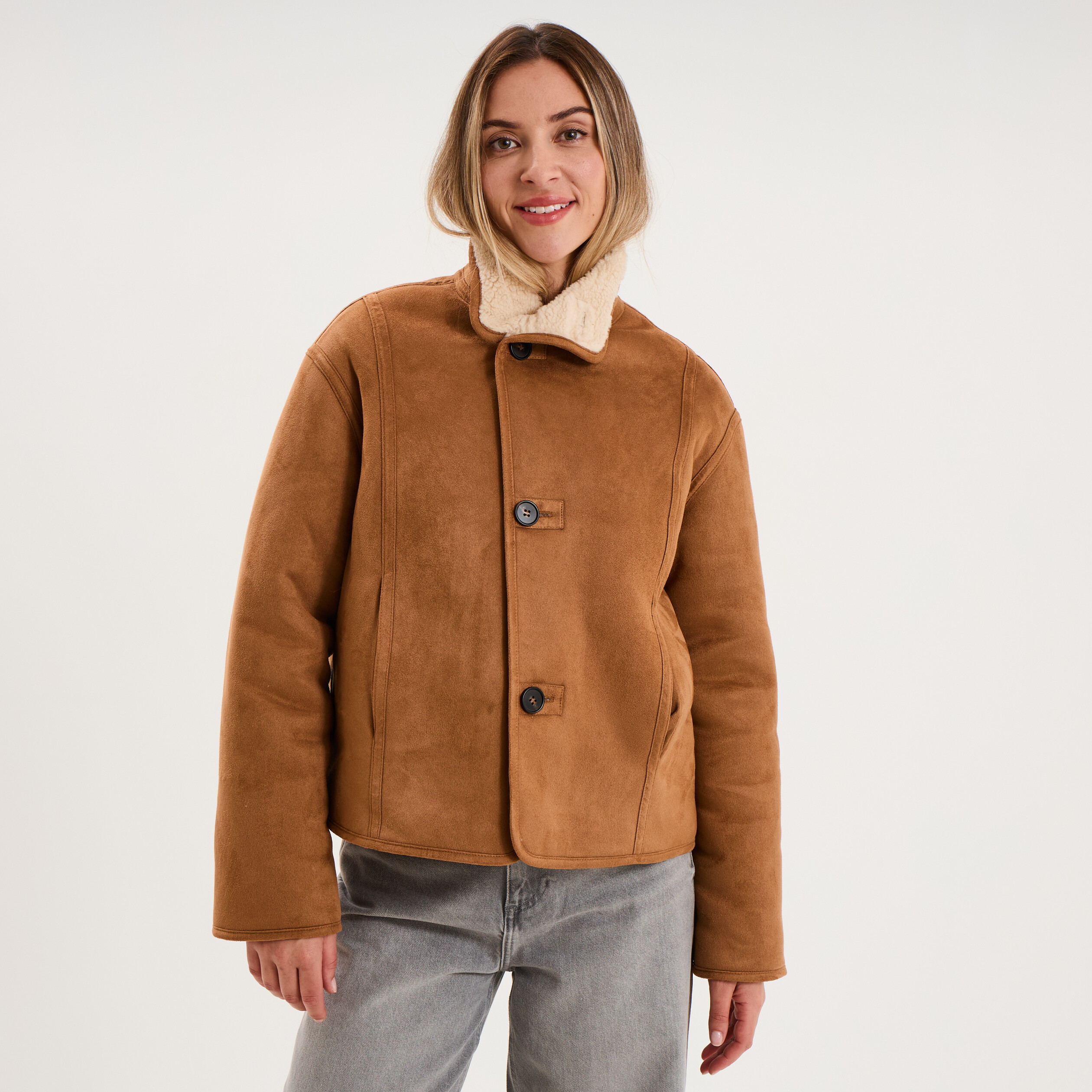 Veste su&eacute;dine r&eacute;versible polaire camel femme