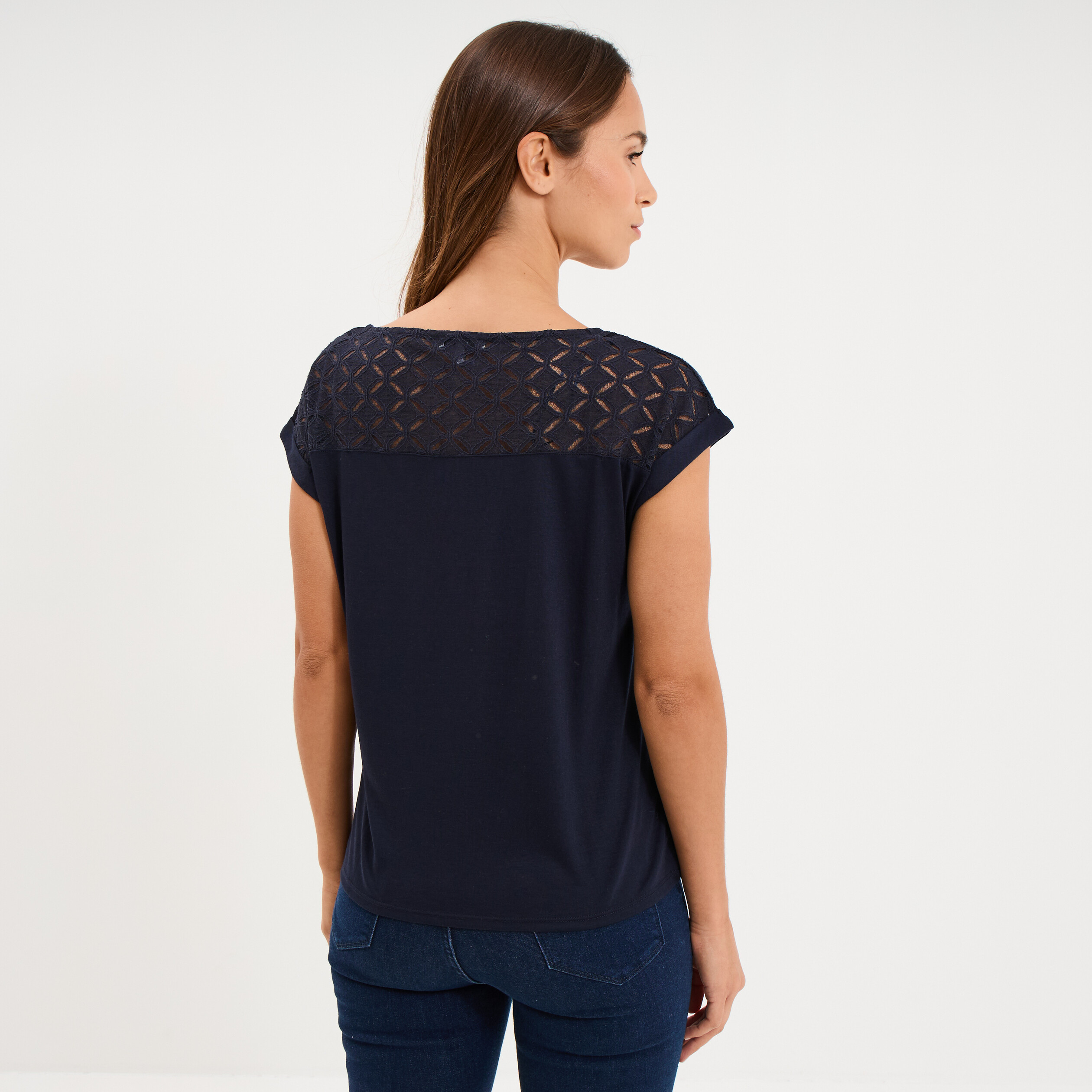 T-shirt col en V ajour&eacute; &eacute;paules et dos bleu fonc&eacute; femme