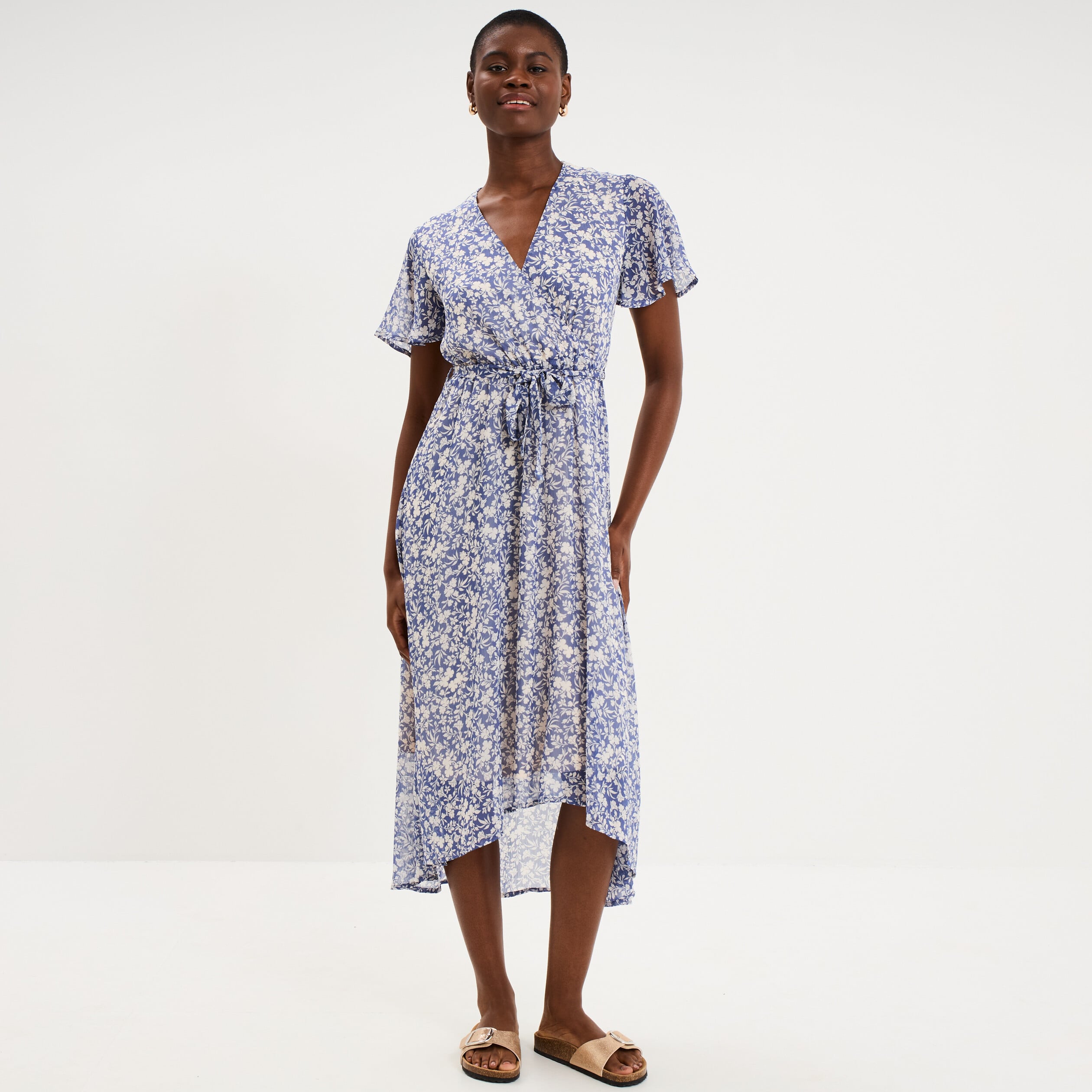 Robe longue &eacute;vas&eacute;e col cache-coeur bleu femme