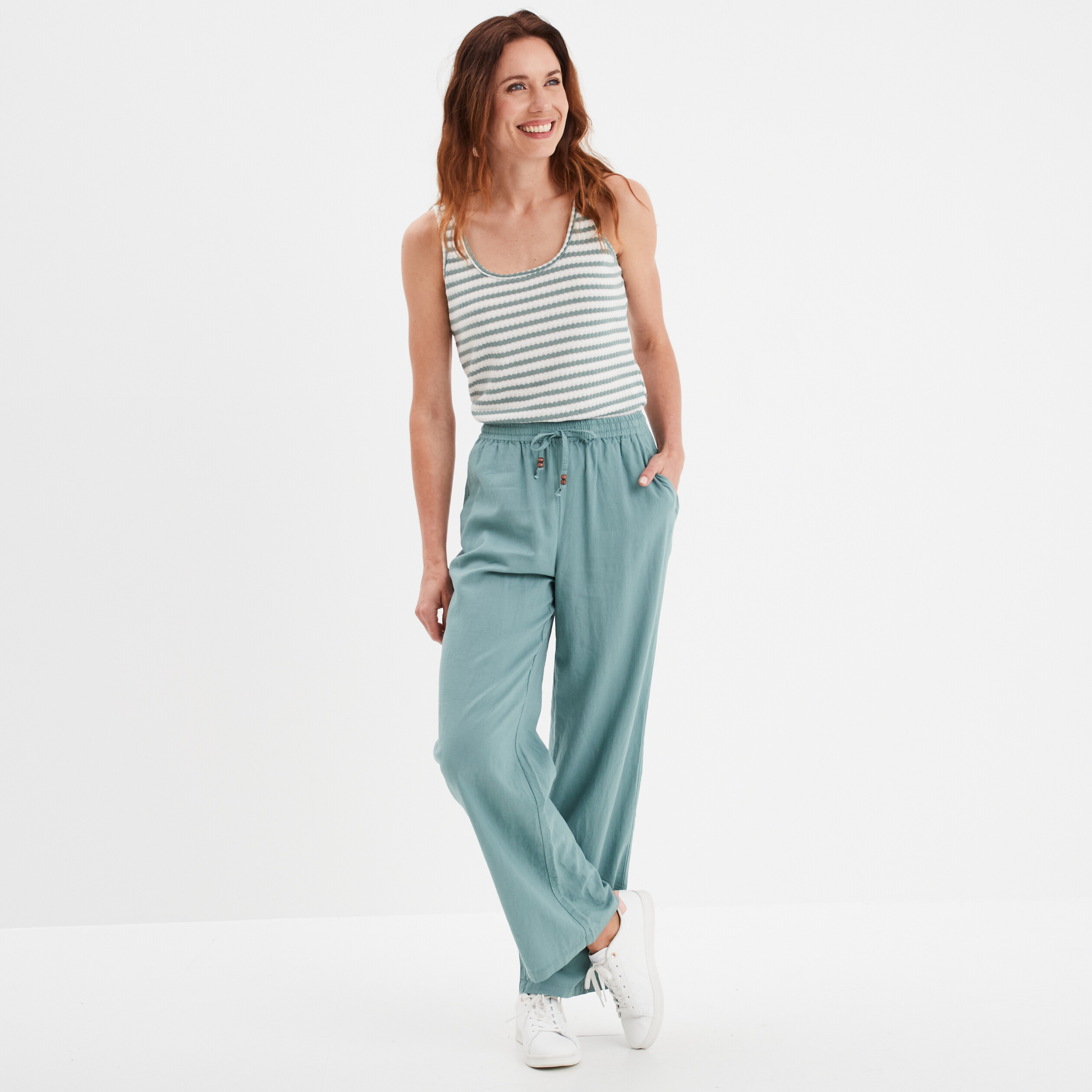 pantalon melange lin taille elastiquee bleu gris femme Pantalon mélange lin taille élastiquée bleu gris femme