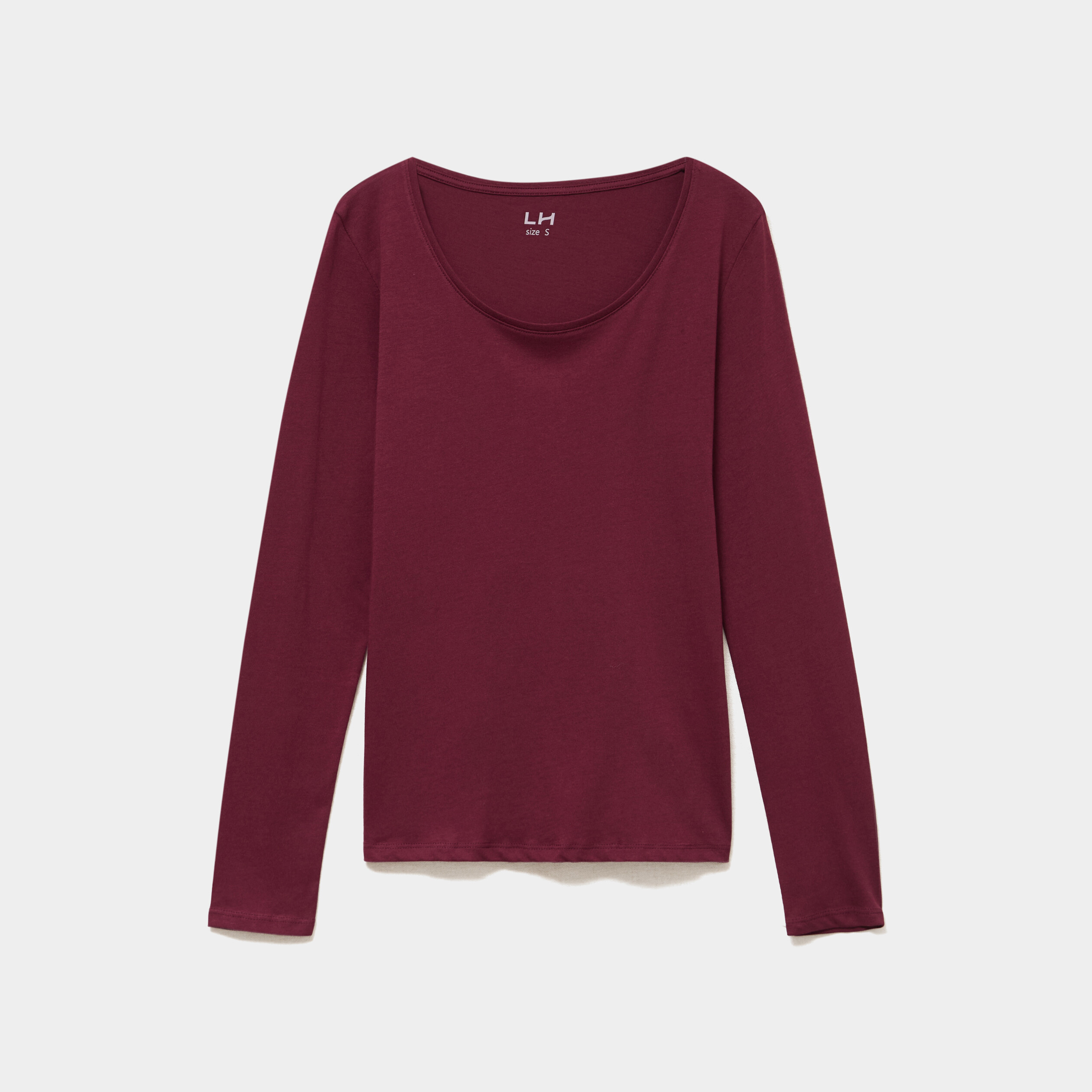 T-shirt coton col rond manches longues bordeaux femme