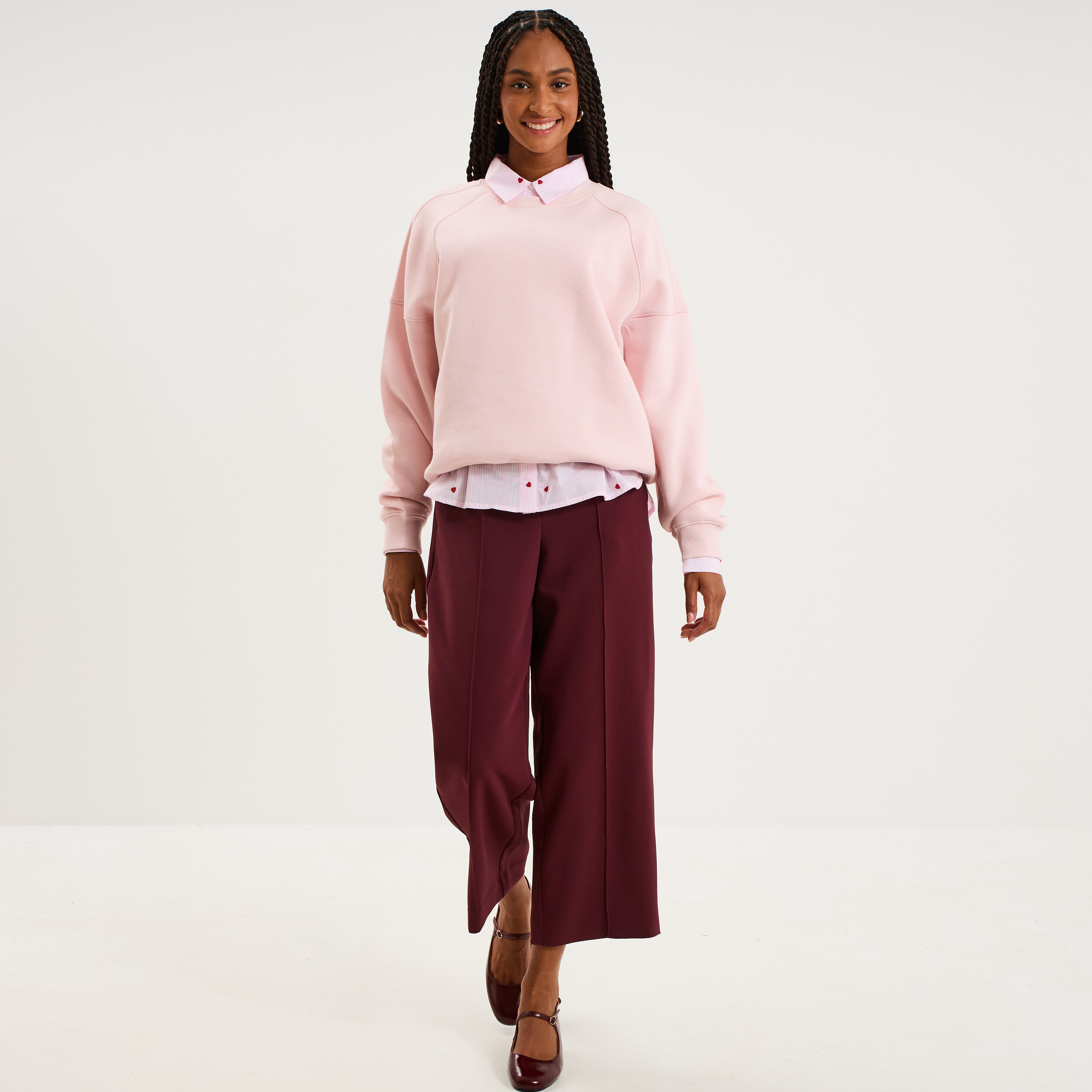 Pantalon droit cropped taille haute violet fonc&eacute; femme