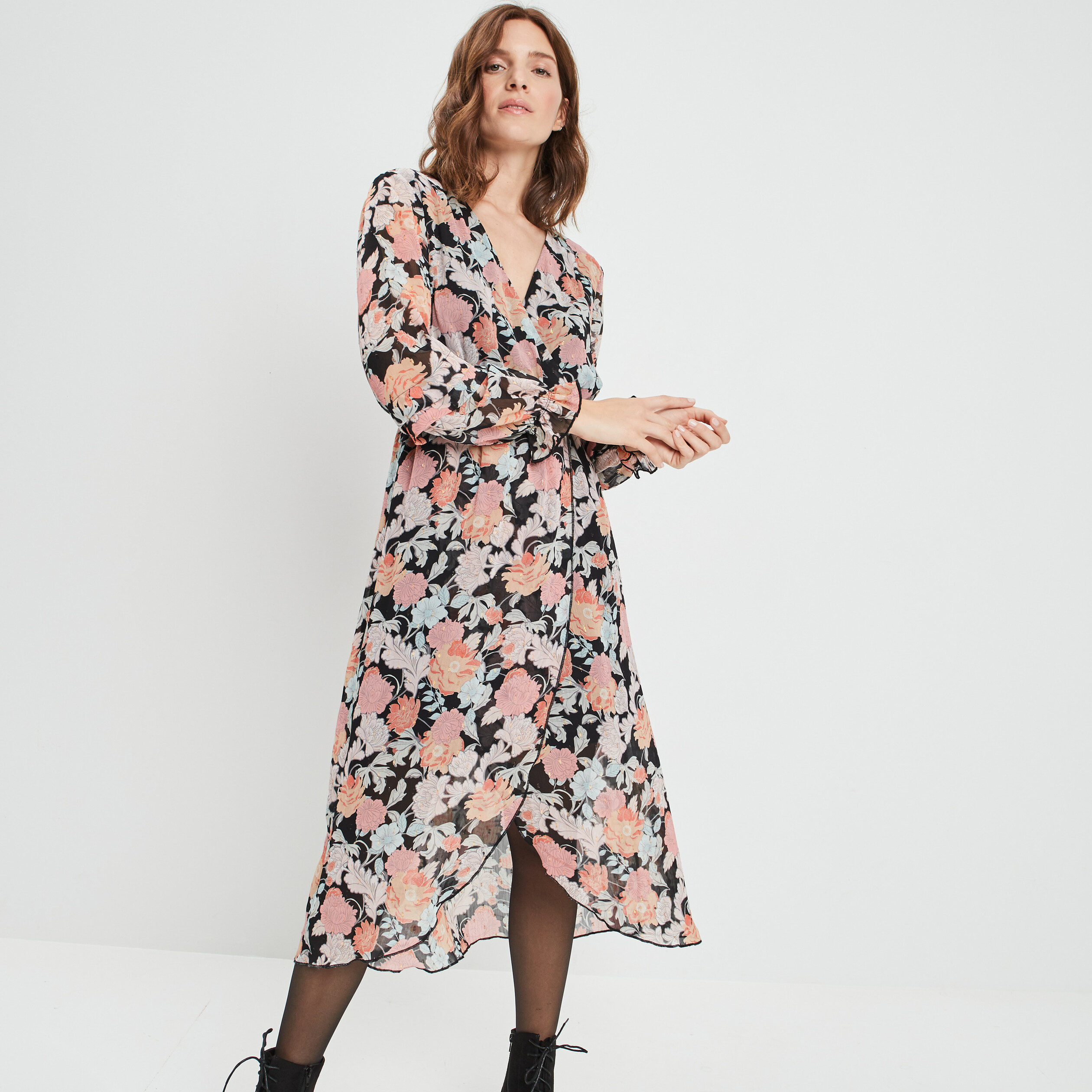 Robe longue fluide col cache-coeur noir femme