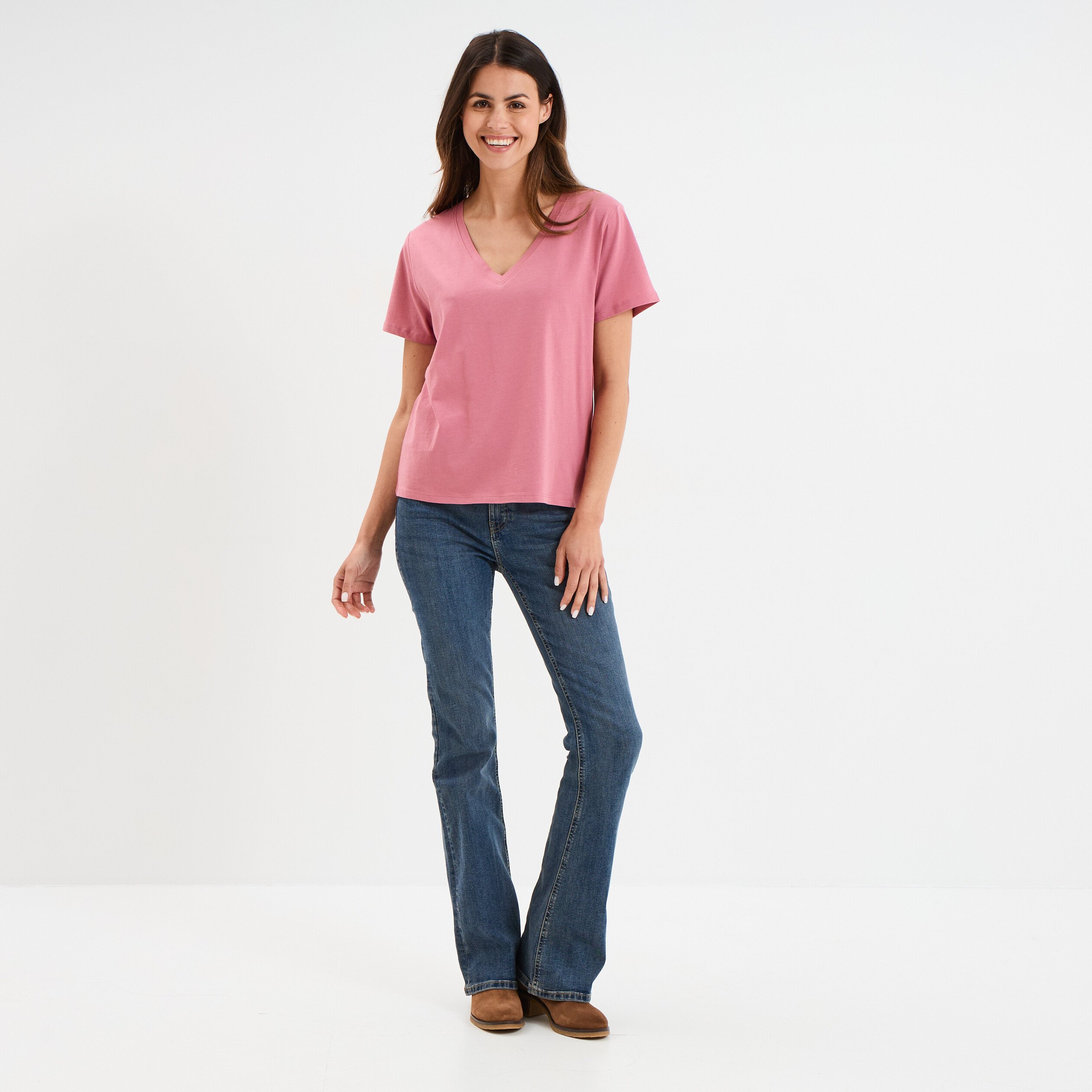 t shirt manches courtes col en v coton vieux rose femme T-shirt manches courtes col en V coton vieux rose femme