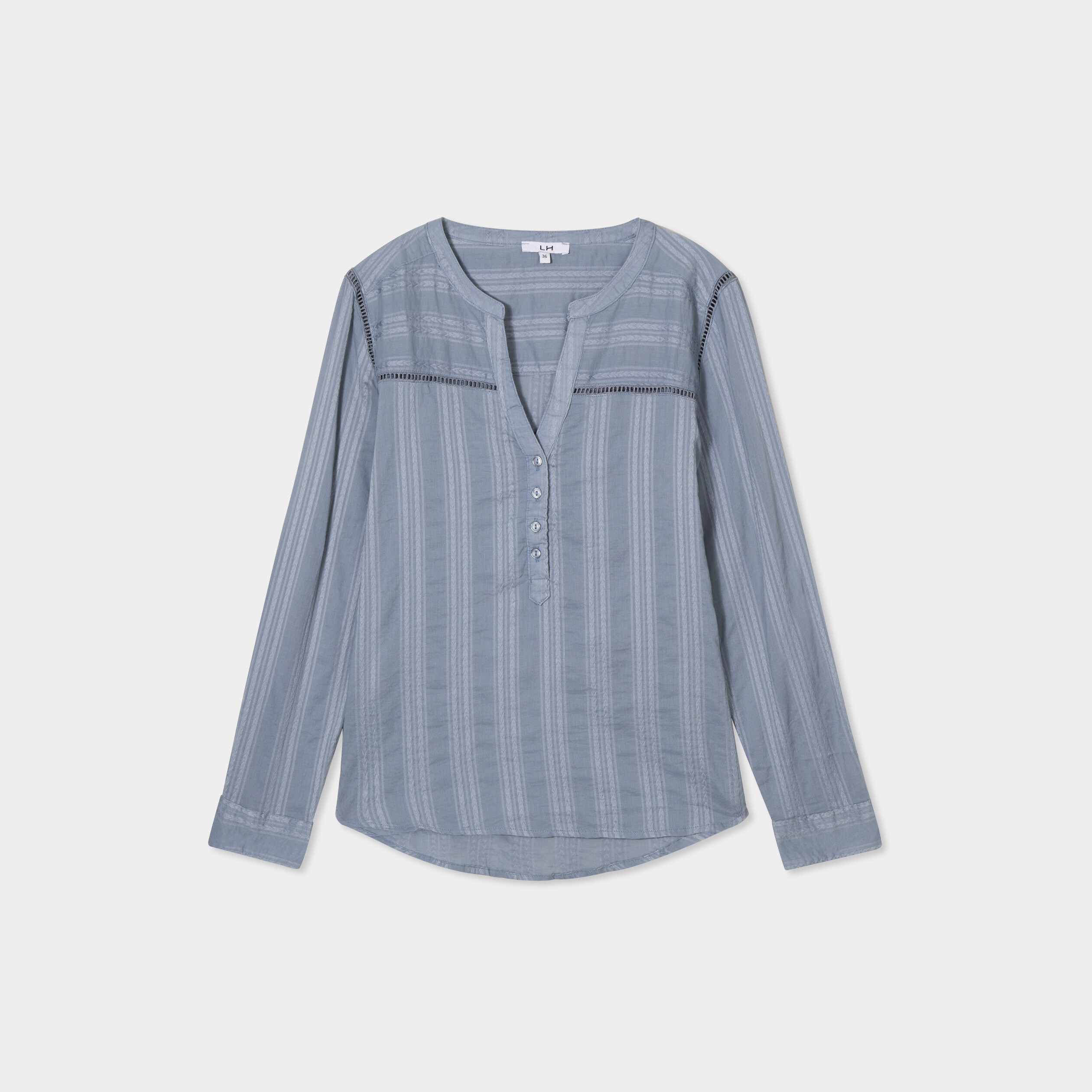 blouse droite col mao coton bleu gris femme Blouse droite col mao coton bleu gris femme