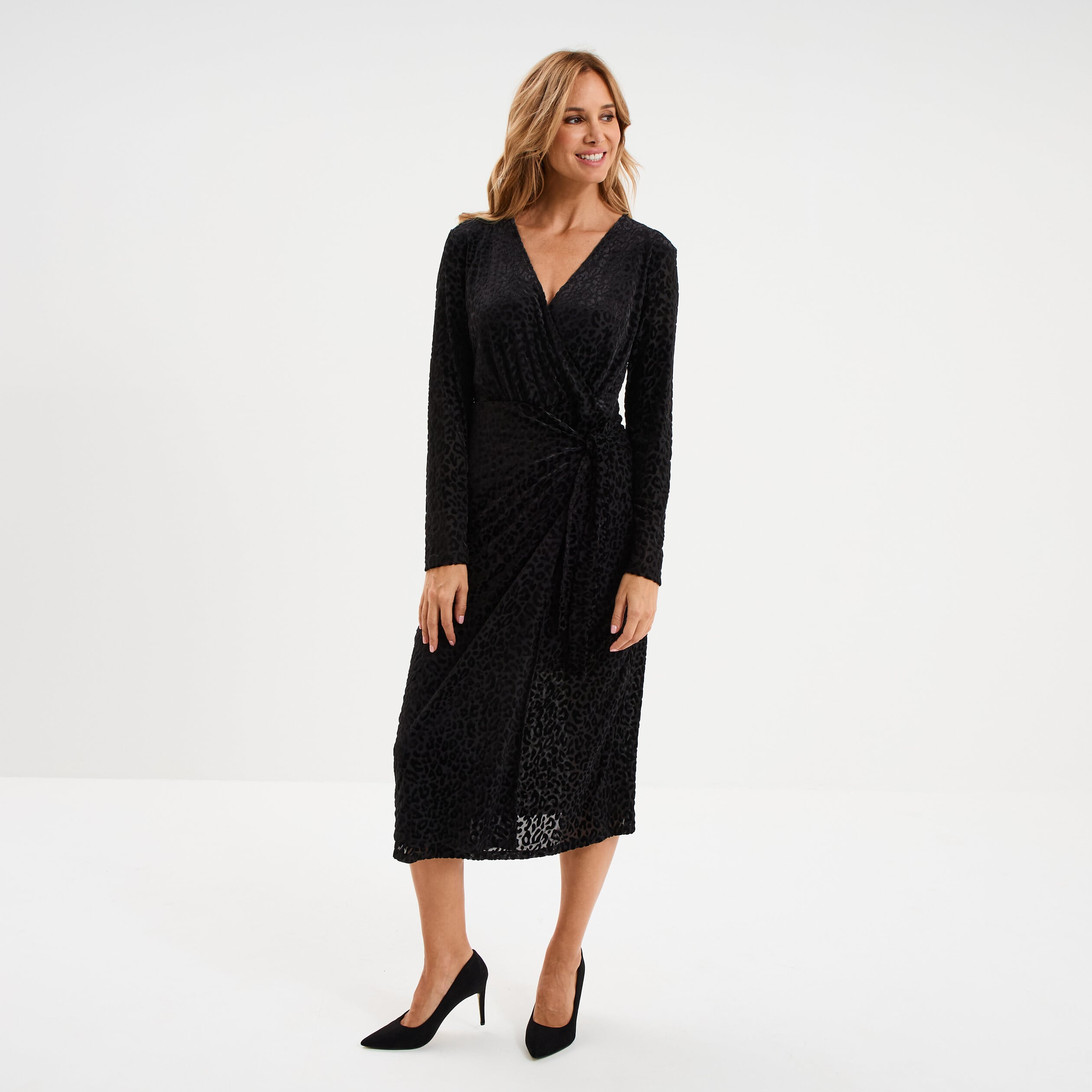 Robe effet velours noeud c&ocirc;t&eacute; noir femme
